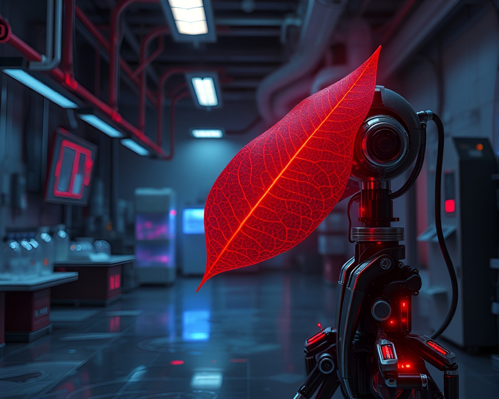 Robotic lab with red glowing lights and leaf vein pattern