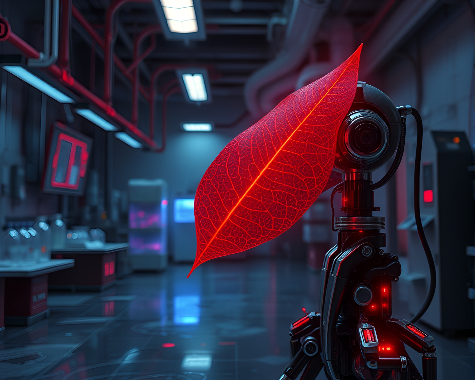 Futuristic Robot Laboratory Infused with Volcano Glow – free AI stock image