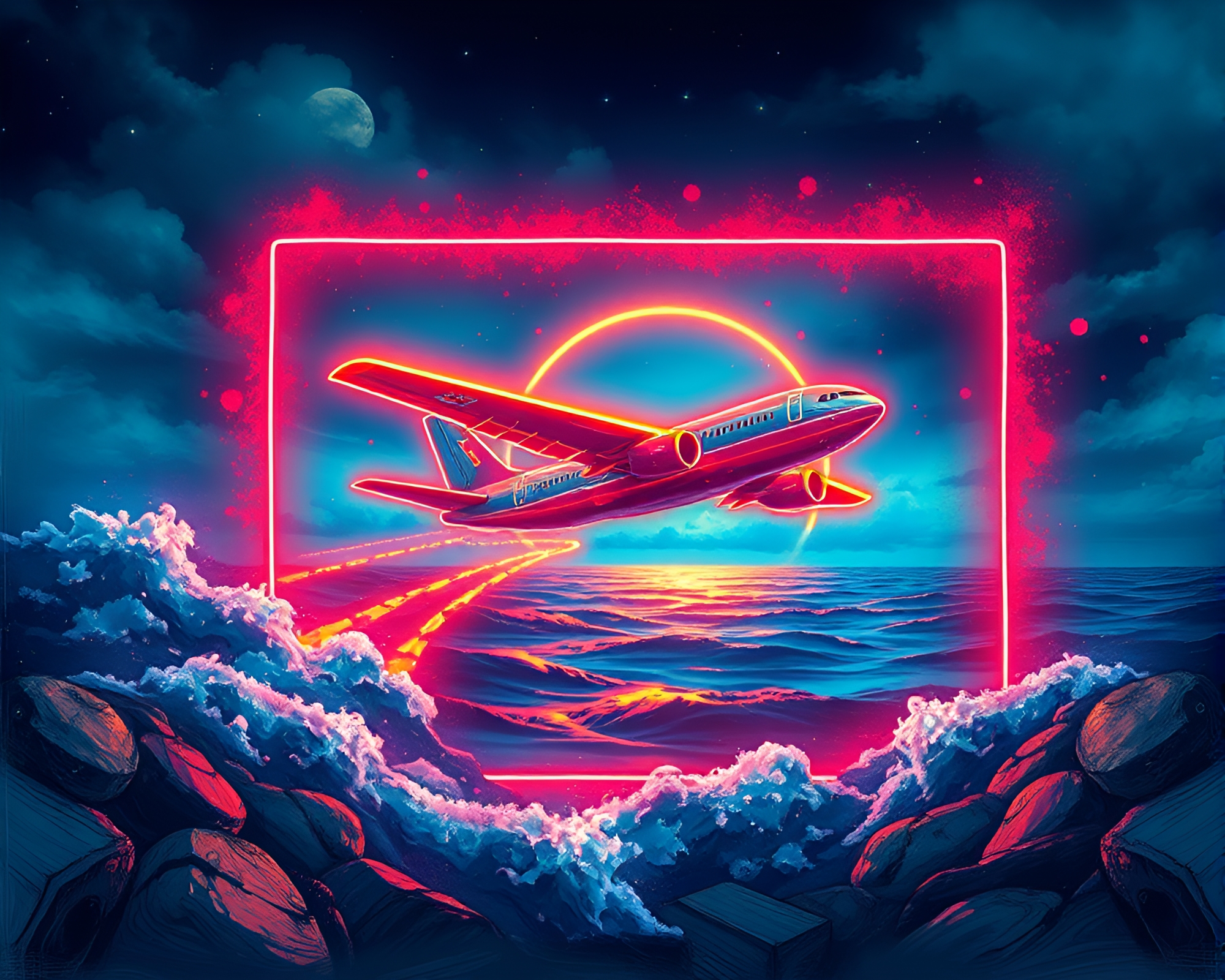 Neon Sea Plane in Digital Graffiti Frame – free AI stock image