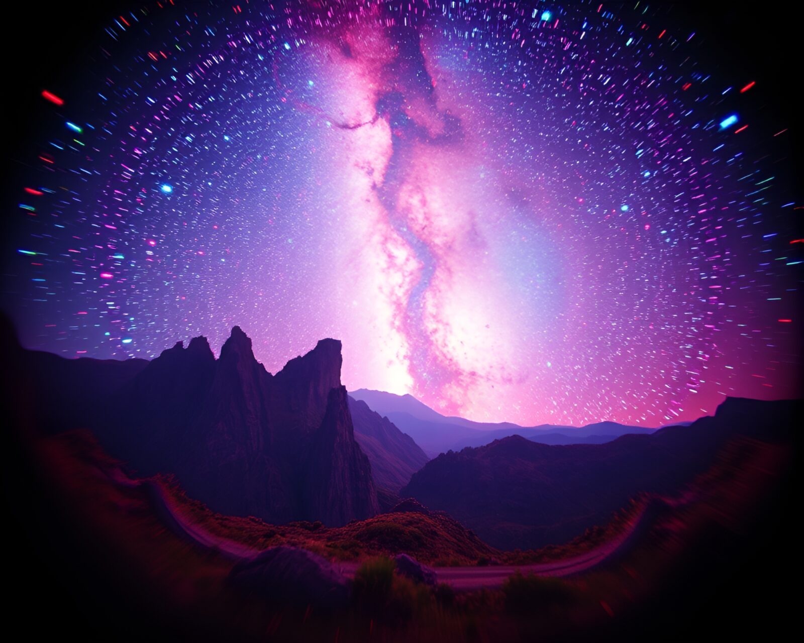 Surreal wide-angle view of parallel universe glitched world