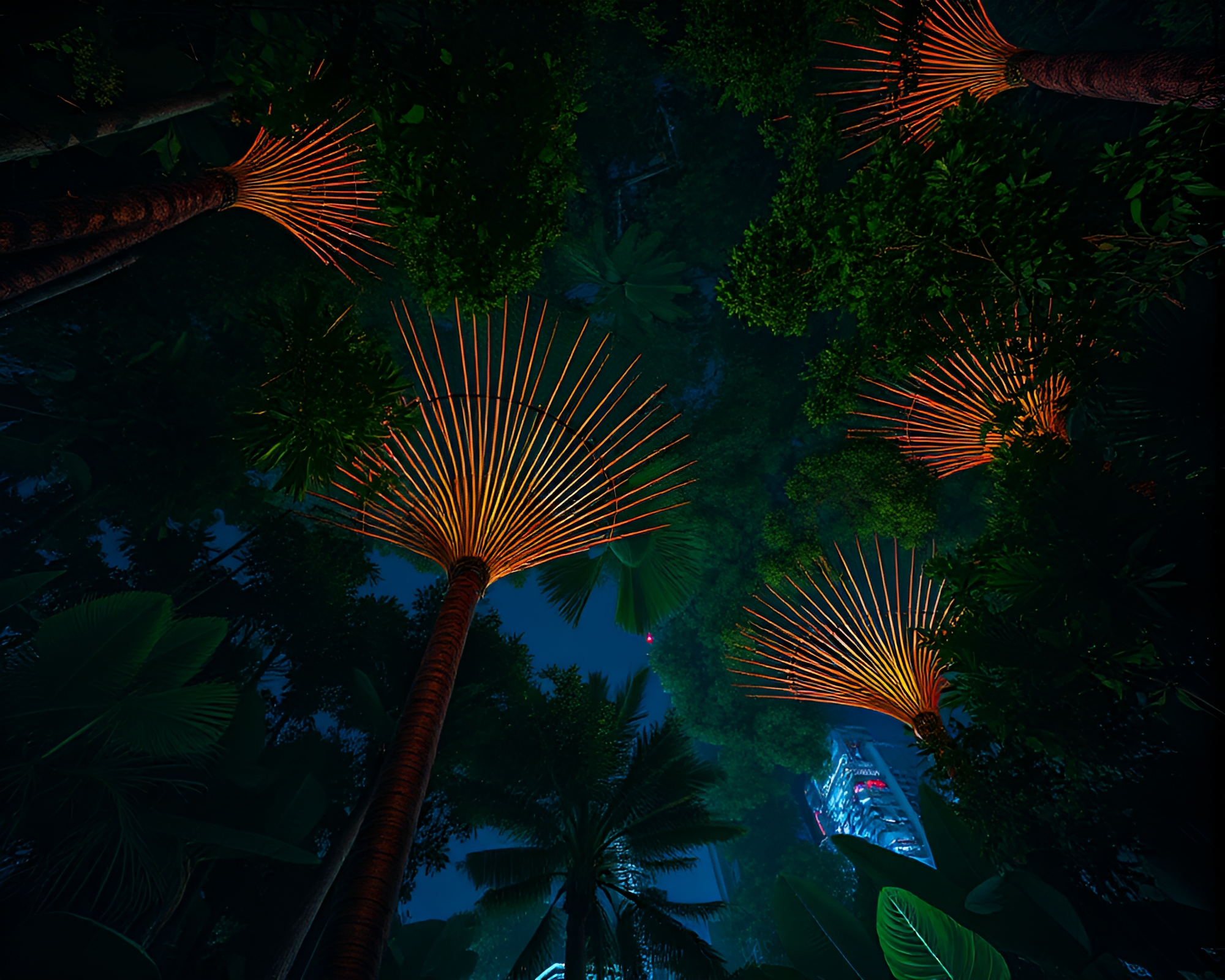 Maximalist Rainforest Canopy Illuminated by City Lights – free AI stock image
