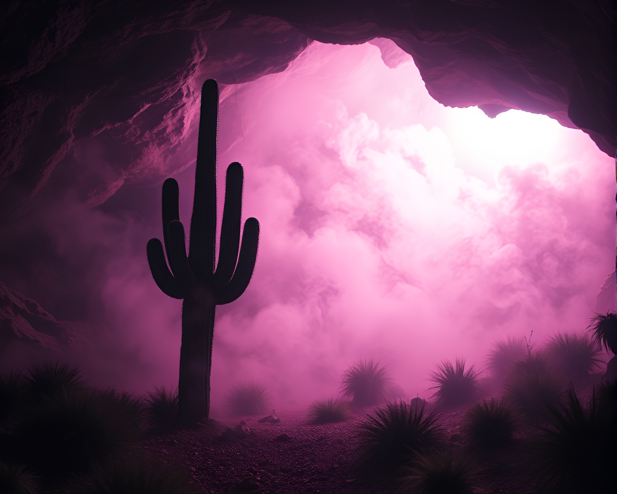 Vaporwave Desert Cactus in Swirling Smoke Plume Cave – free AI stock image