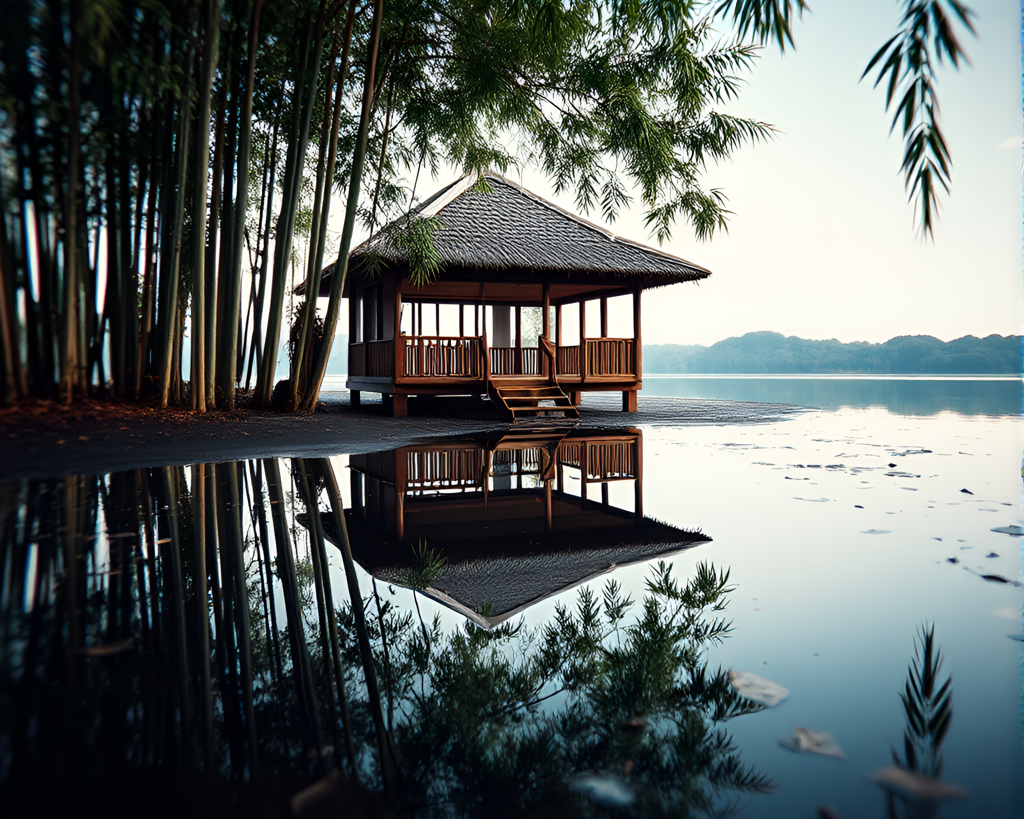 Bamboo Hut Reflection in Puddle with VHS Distortion – free AI stock image