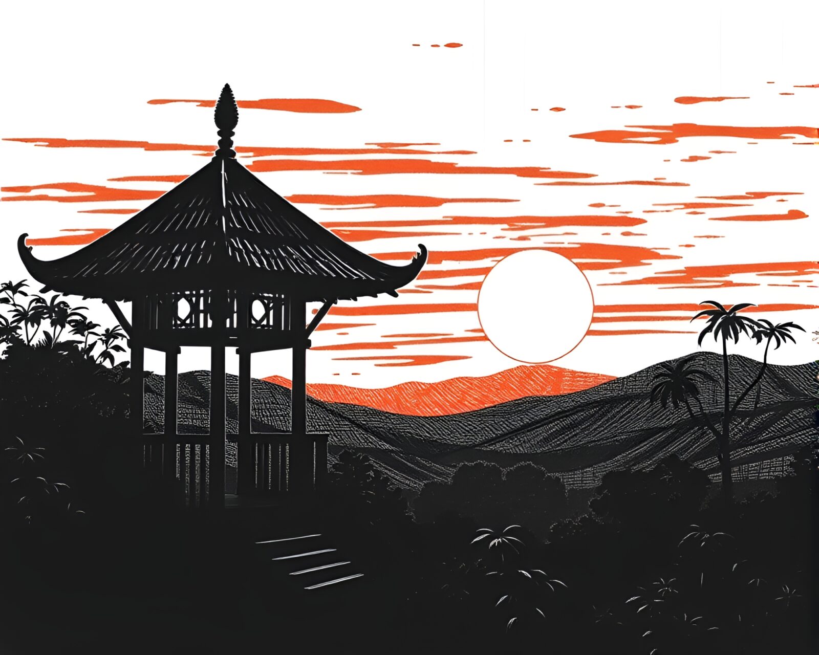 Sunset over a bamboo hut with intricate screen-printed details