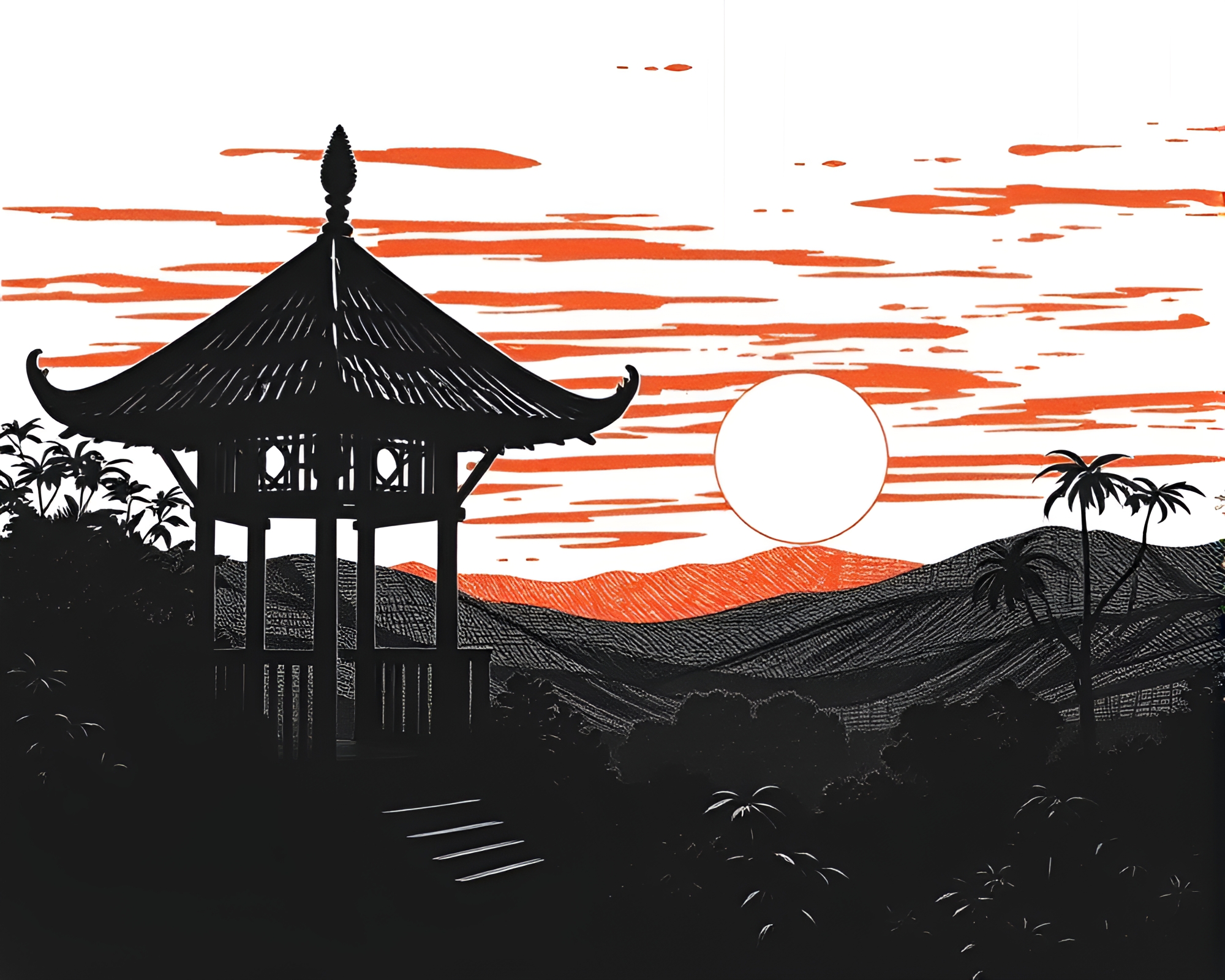 Sunset Skyline Bamboo Hut Screen Printing Art – free AI stock image
