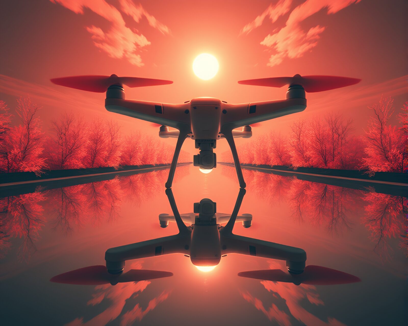 Eerie drone capturing mirror symmetry in glowing solar flare light