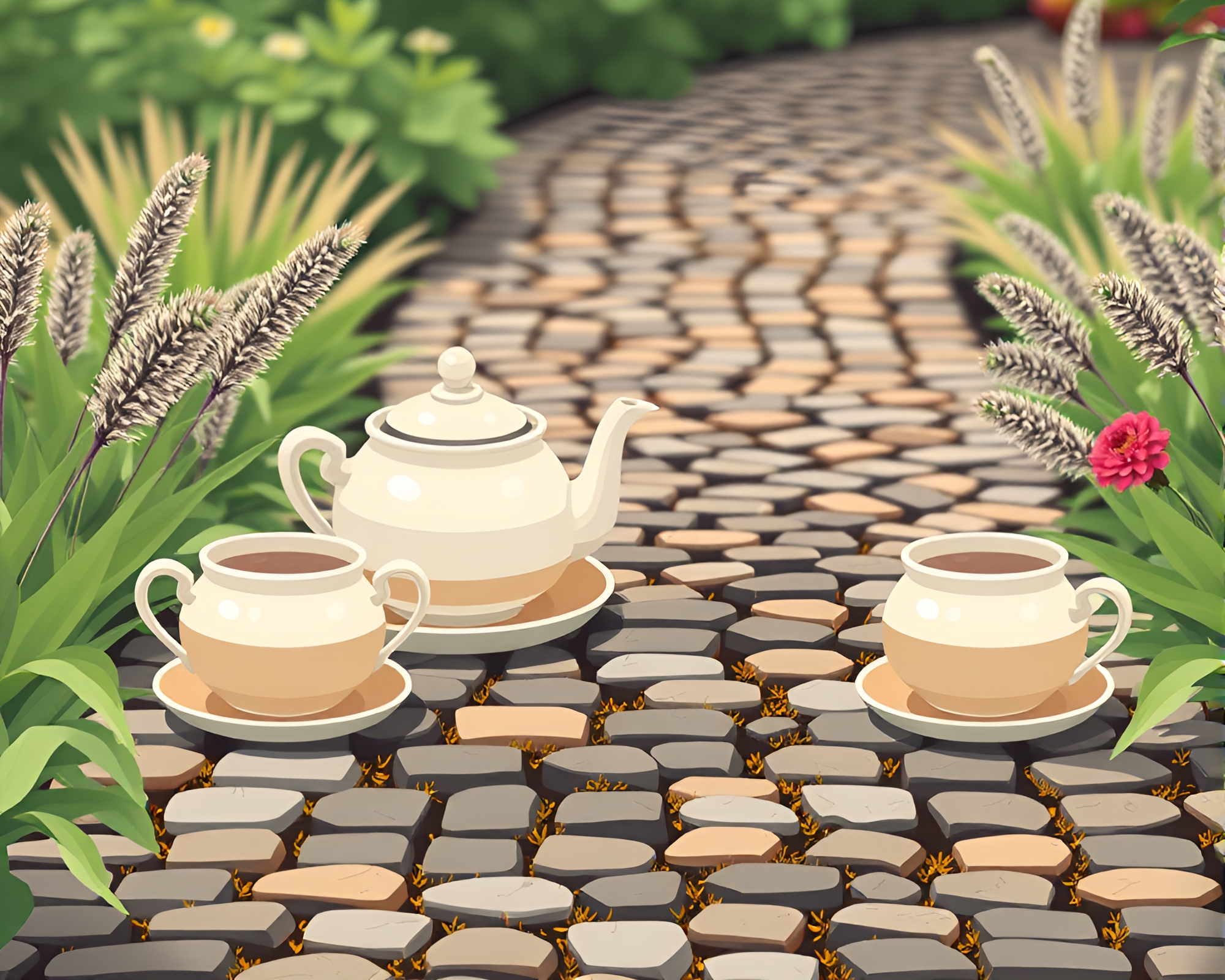 Serenity in Cobblestone: Tea Party Fantasy – free AI stock image