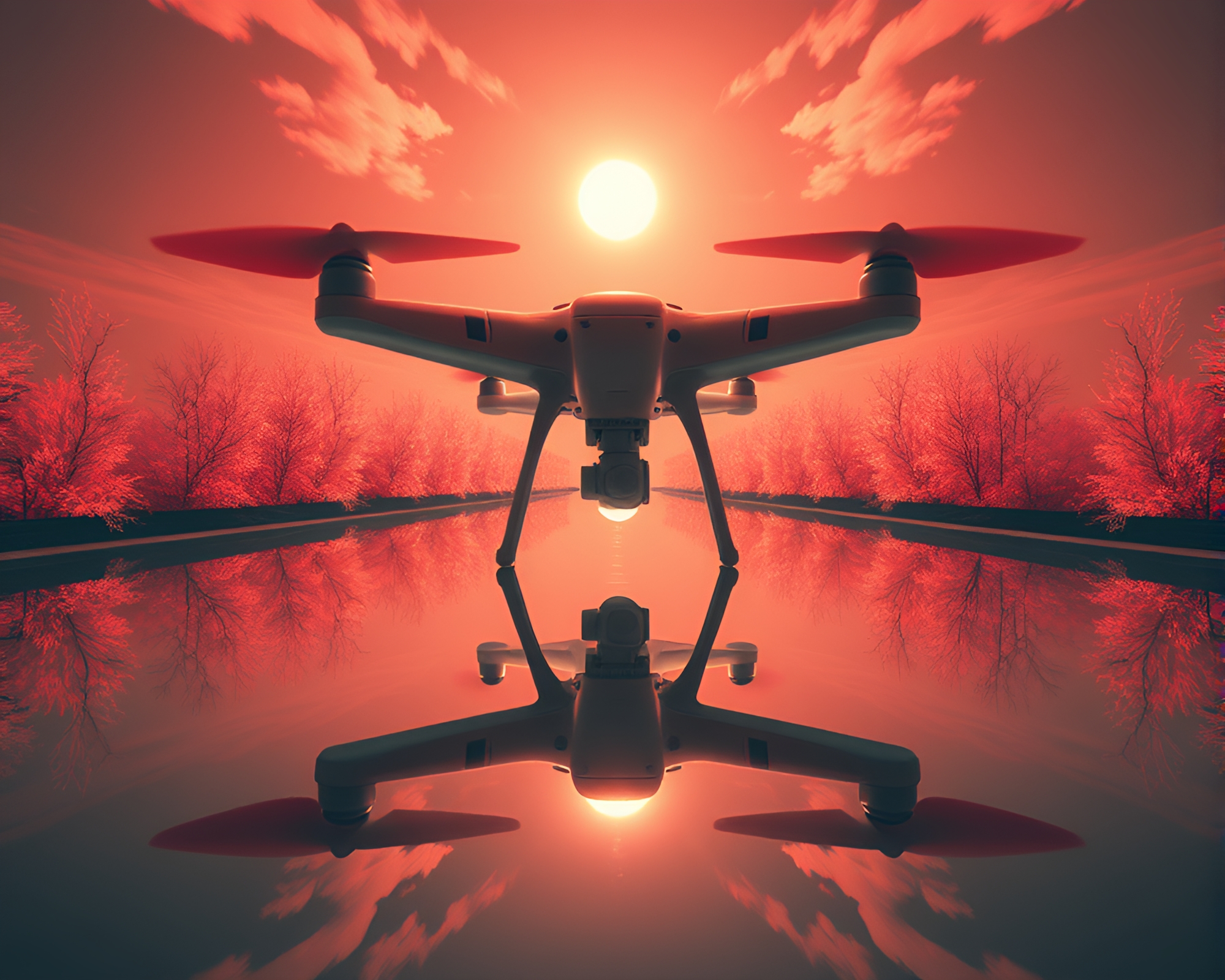 Dystopian Infrared Drone Capturing Mirror Symmetry Solar Flare Glow – free AI stock image