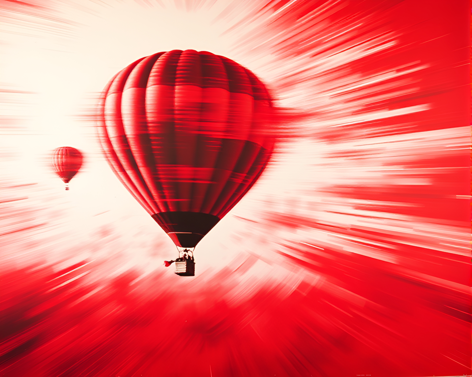 Monochrome Red Hot Air Balloon Mural with Motion Blur Streaks – free AI stock image