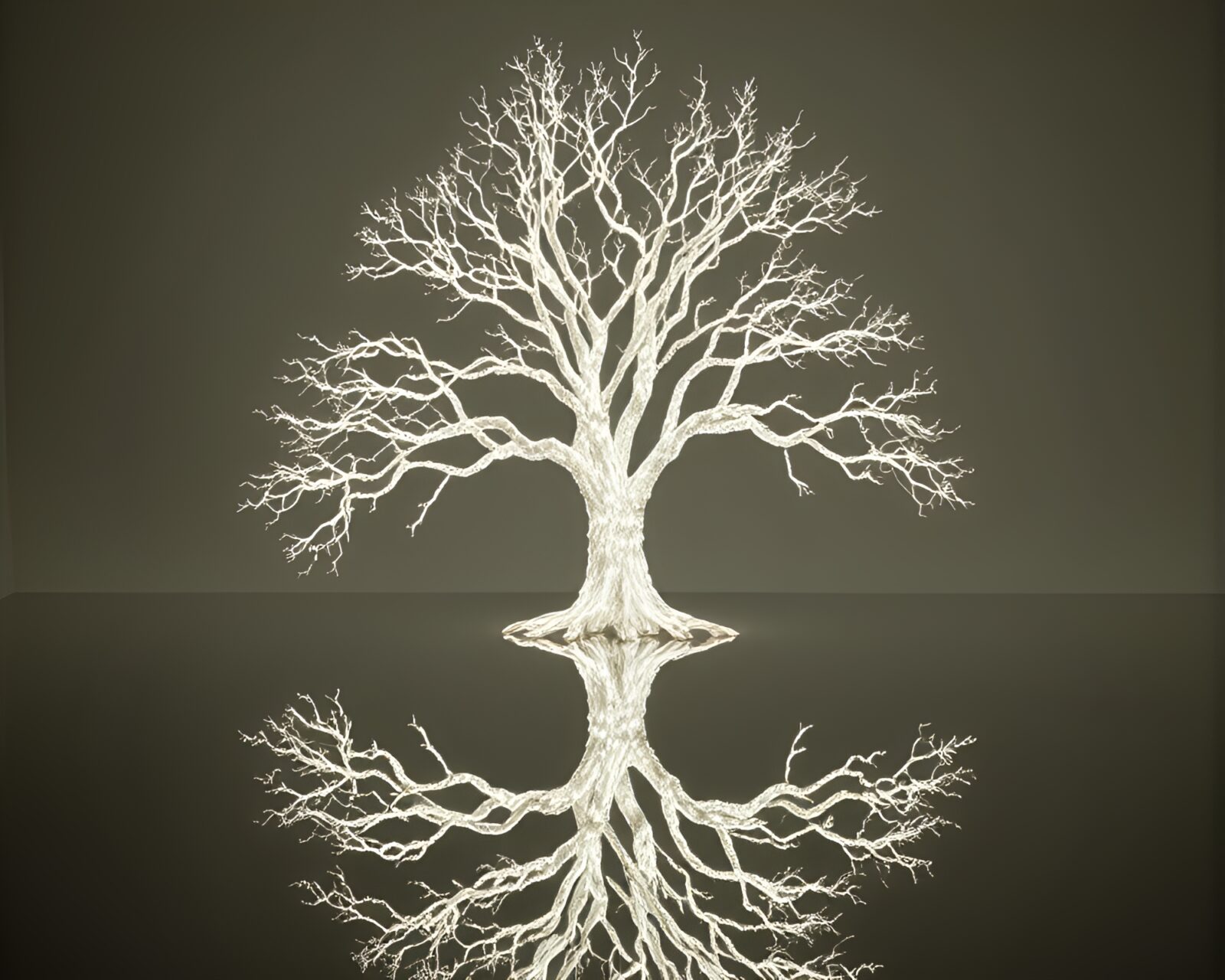 Enchanting scene of ancient tree reflected twice in LED lights
