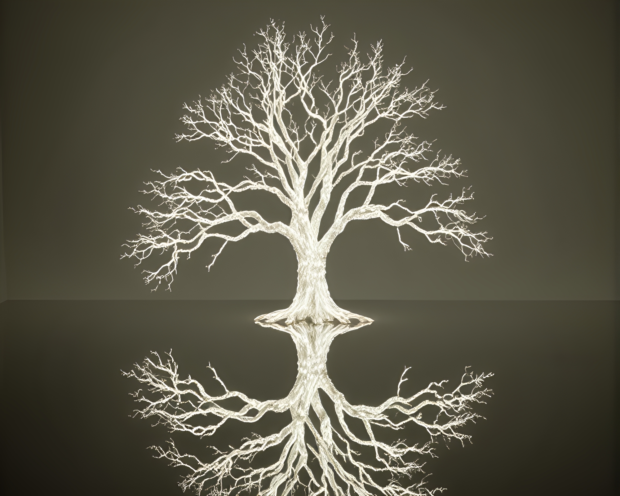 Ancient Tree Double Reflections in Ivory White LED Light Art – free AI stock image