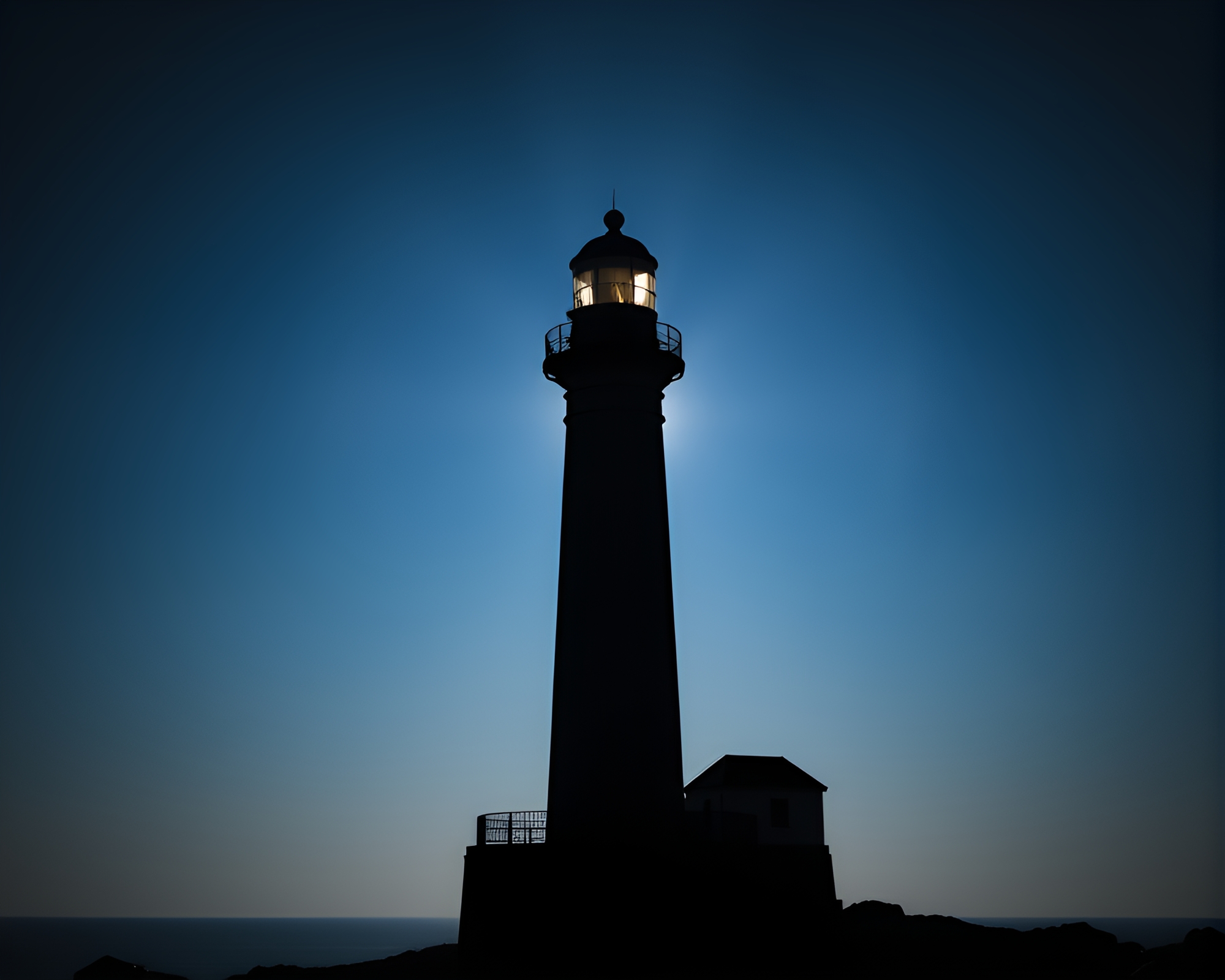 Shadow play at backlit lighthouse – free AI stock image