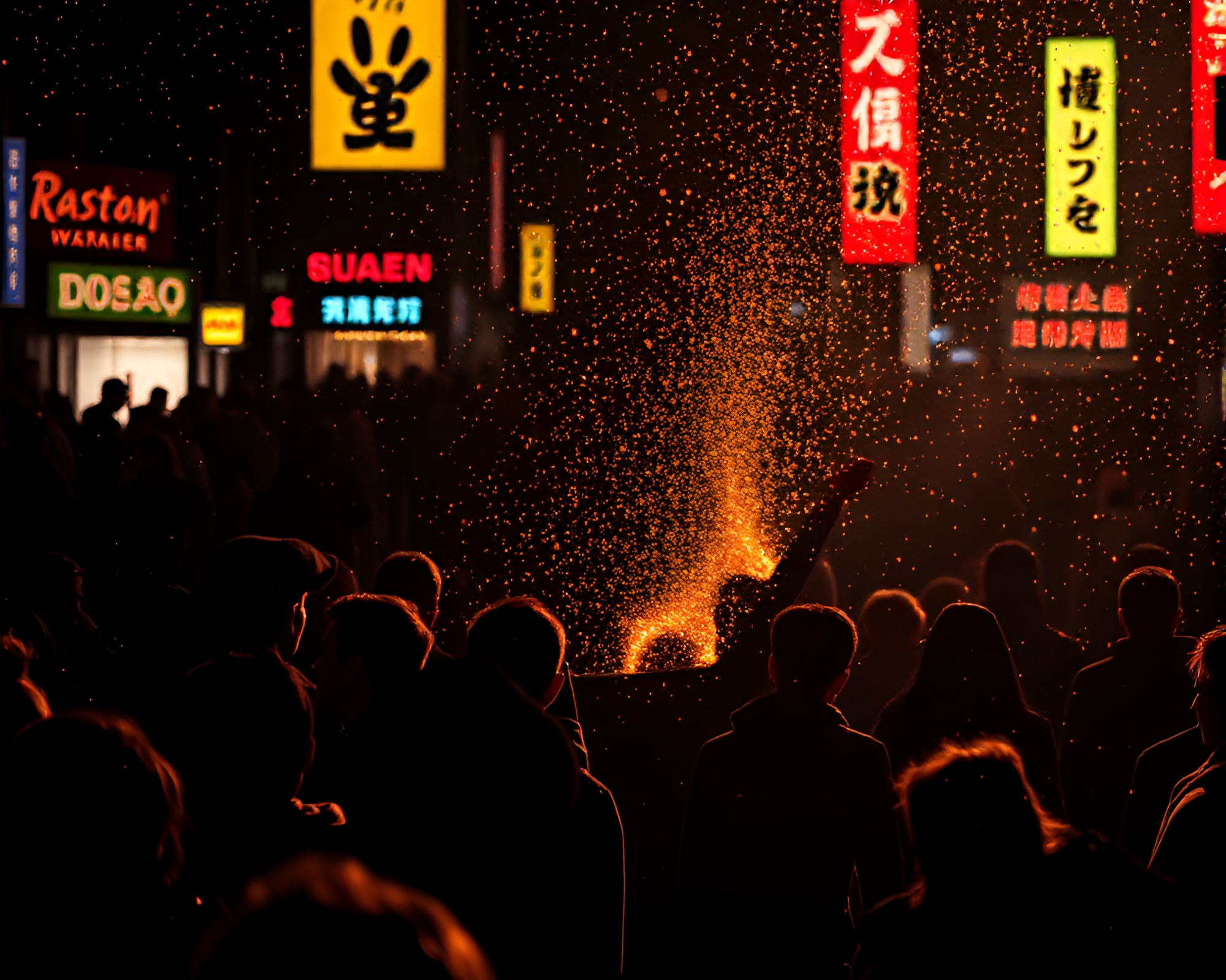 Ramen Fiesta: Neon Crowd in Stardust Glow – free AI stock image