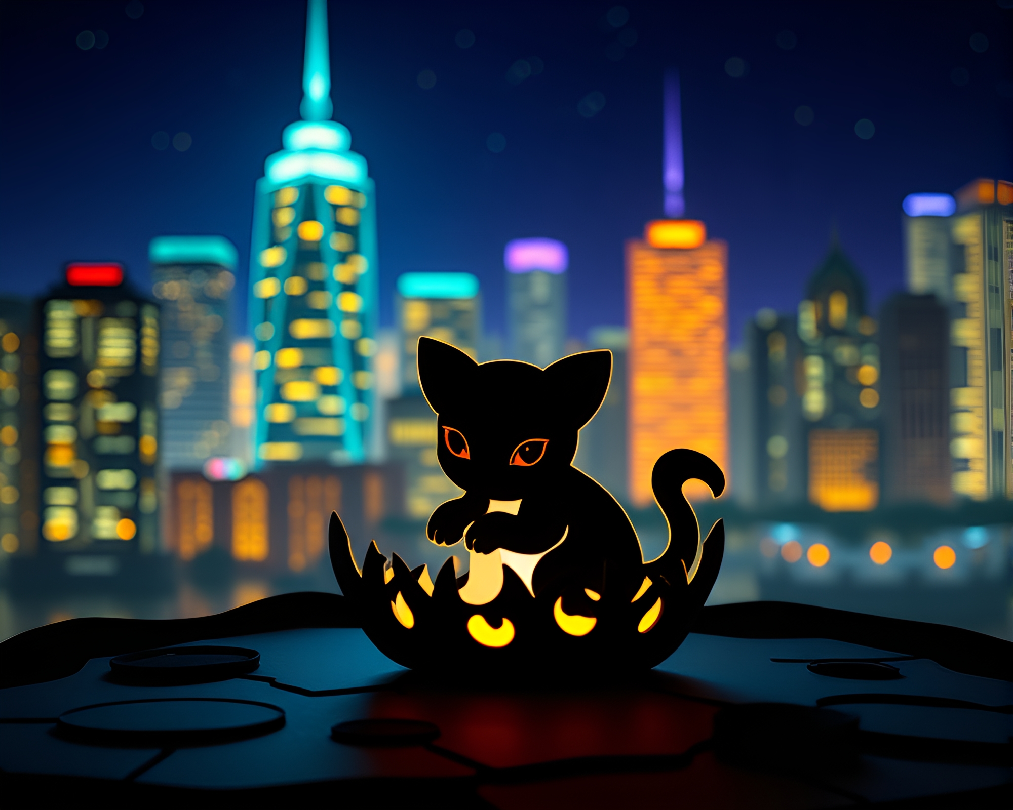 Fantasy Holographic Pet in City Lights Paper Cutout – free AI stock image
