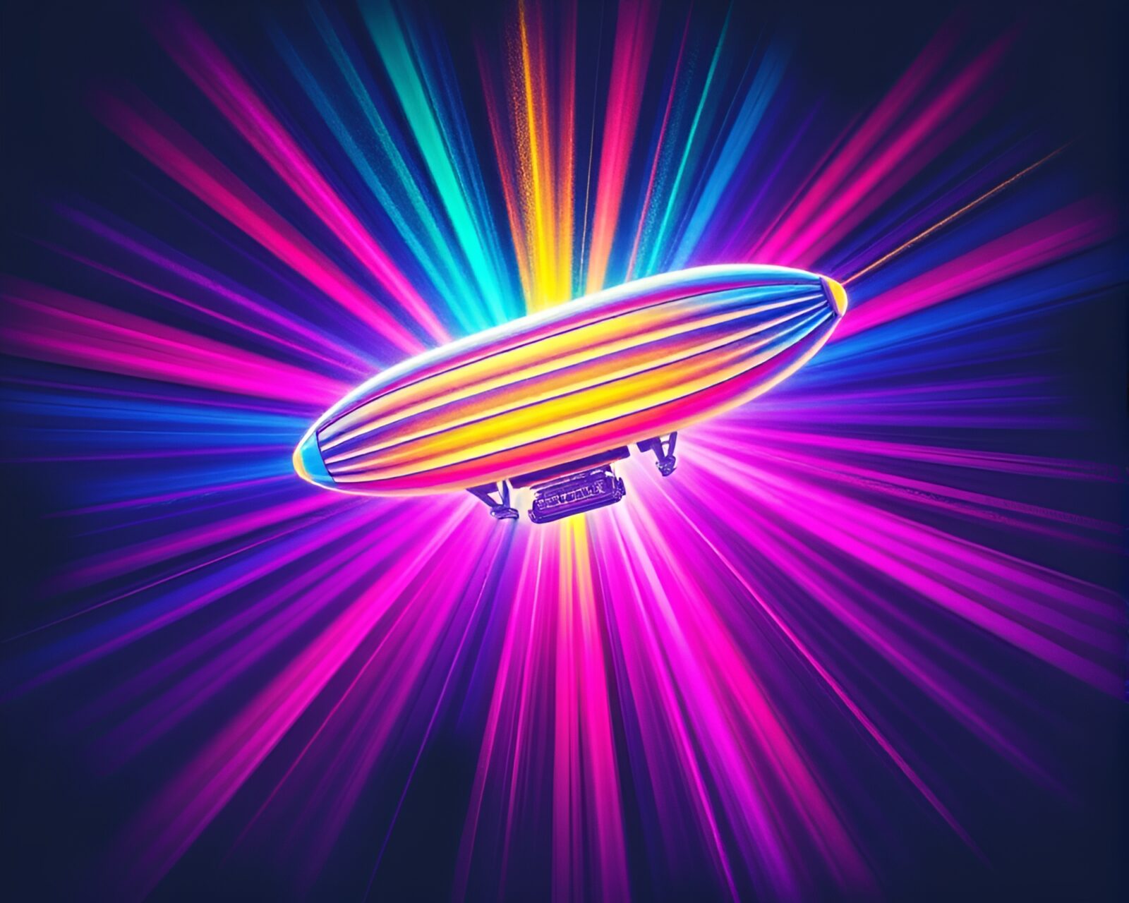 Pastel drawing of glowing airship in colorful neon sky