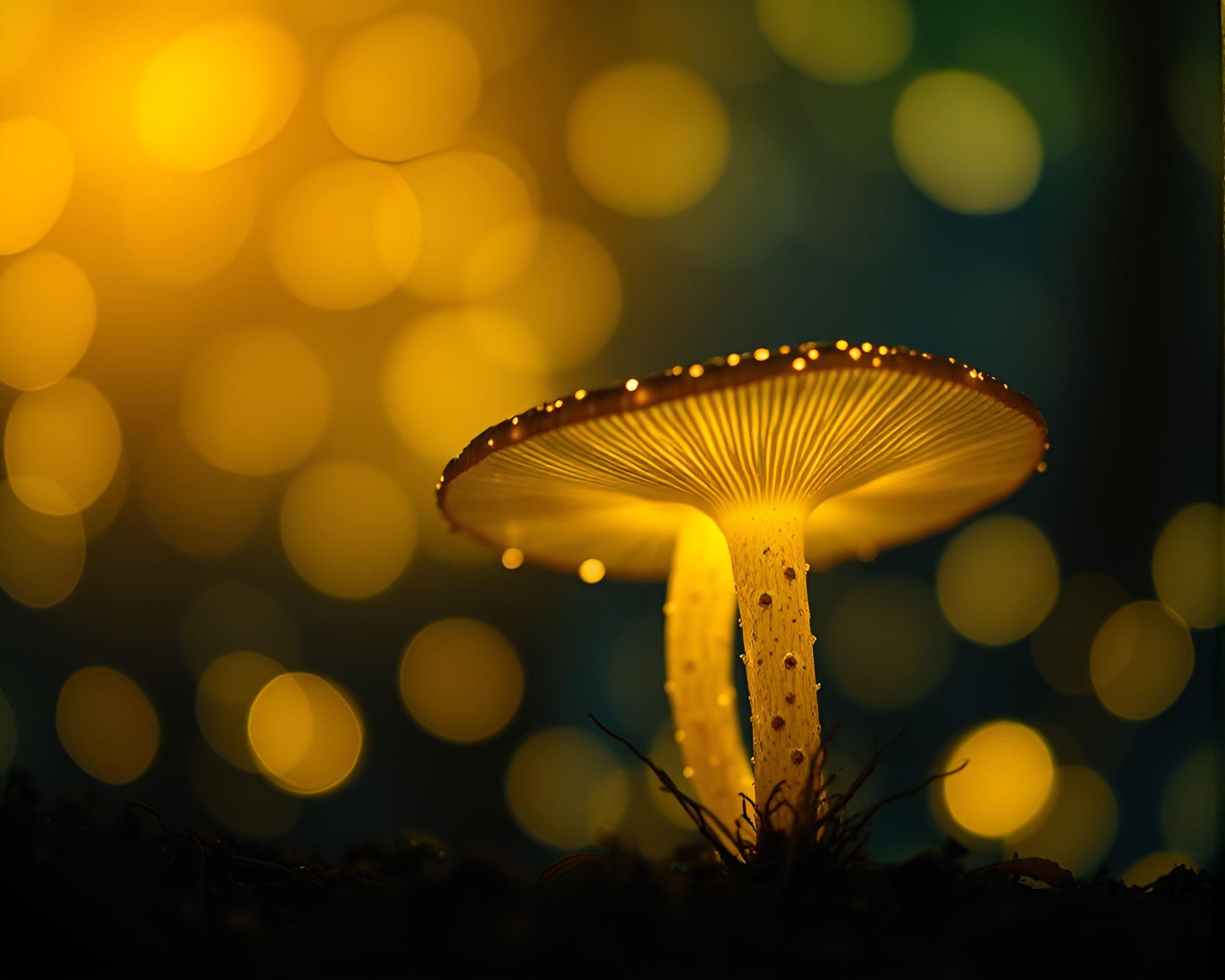 Bioluminescent Fungi Silhouette Amid Bokeh Lights – free AI stock image