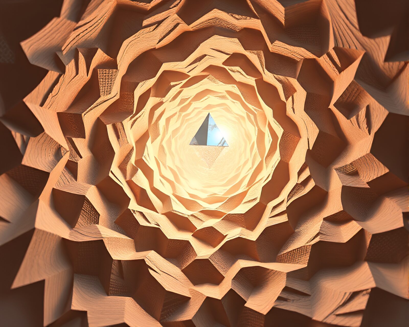 Colorful swirling vortex surrounded by geometric high-poly shapes
