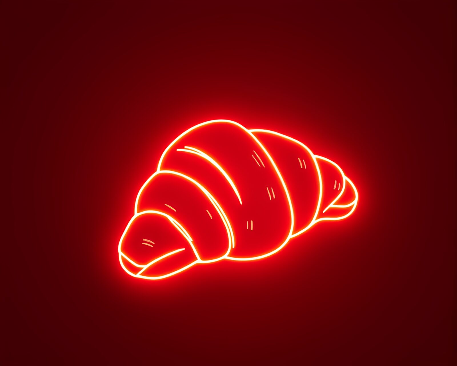 Glowing neon croissant casting intricate stencil shadows on city street