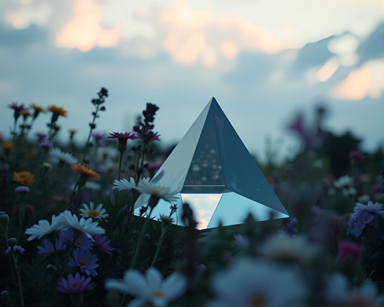 A serene, dream-like image of a sky garden with prism reflections