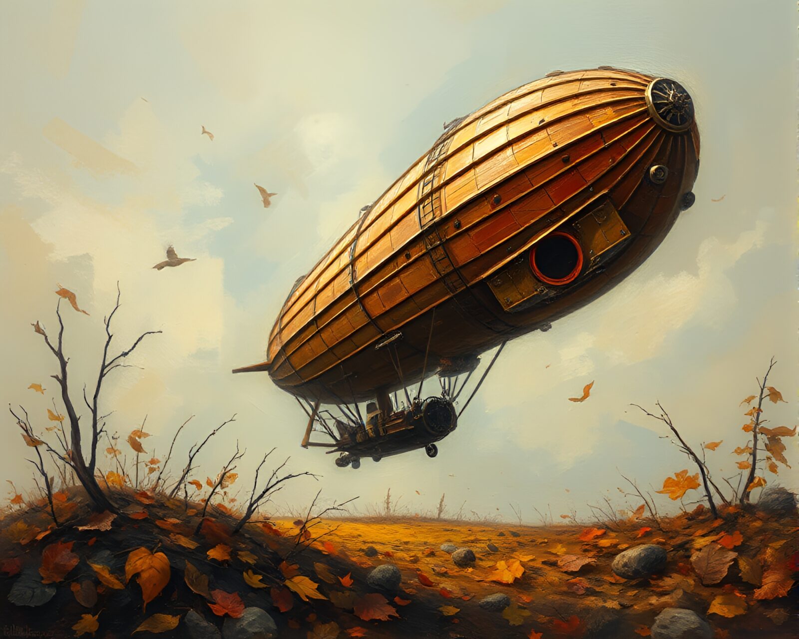 Impressionist painting of a fantastical airship above autumn leaves