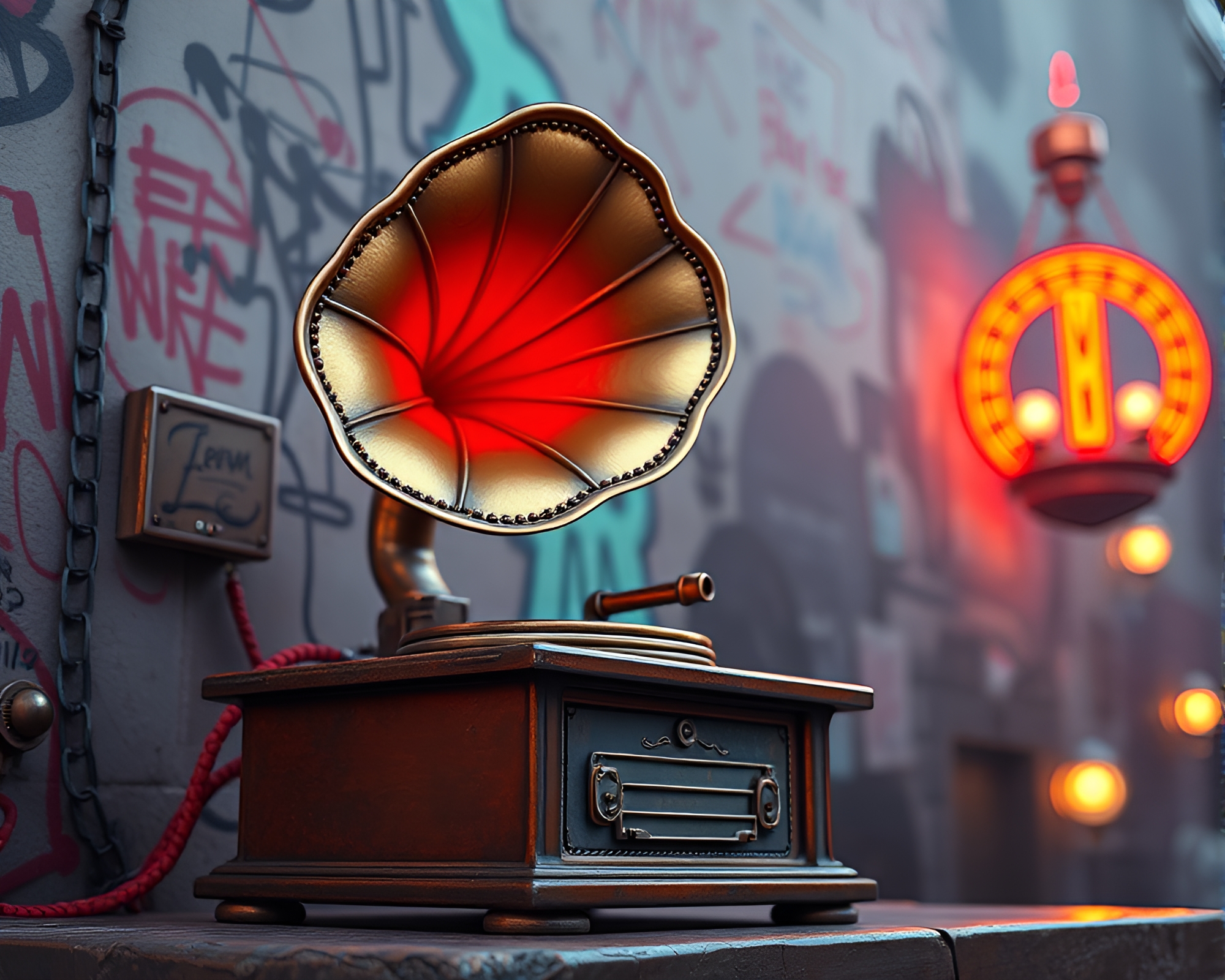 Steampunk Gramophone with Neon Graffiti and Architectural Rendering Accents – free AI stock image