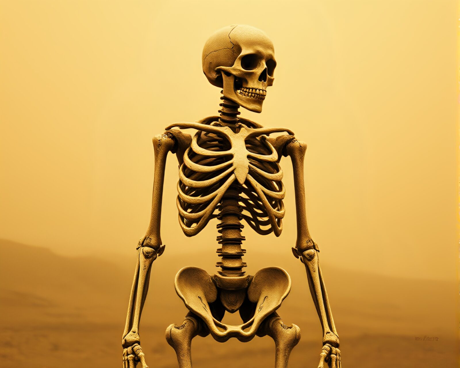 Detailed exoskeleton suit with a grainy overlay in sepia light