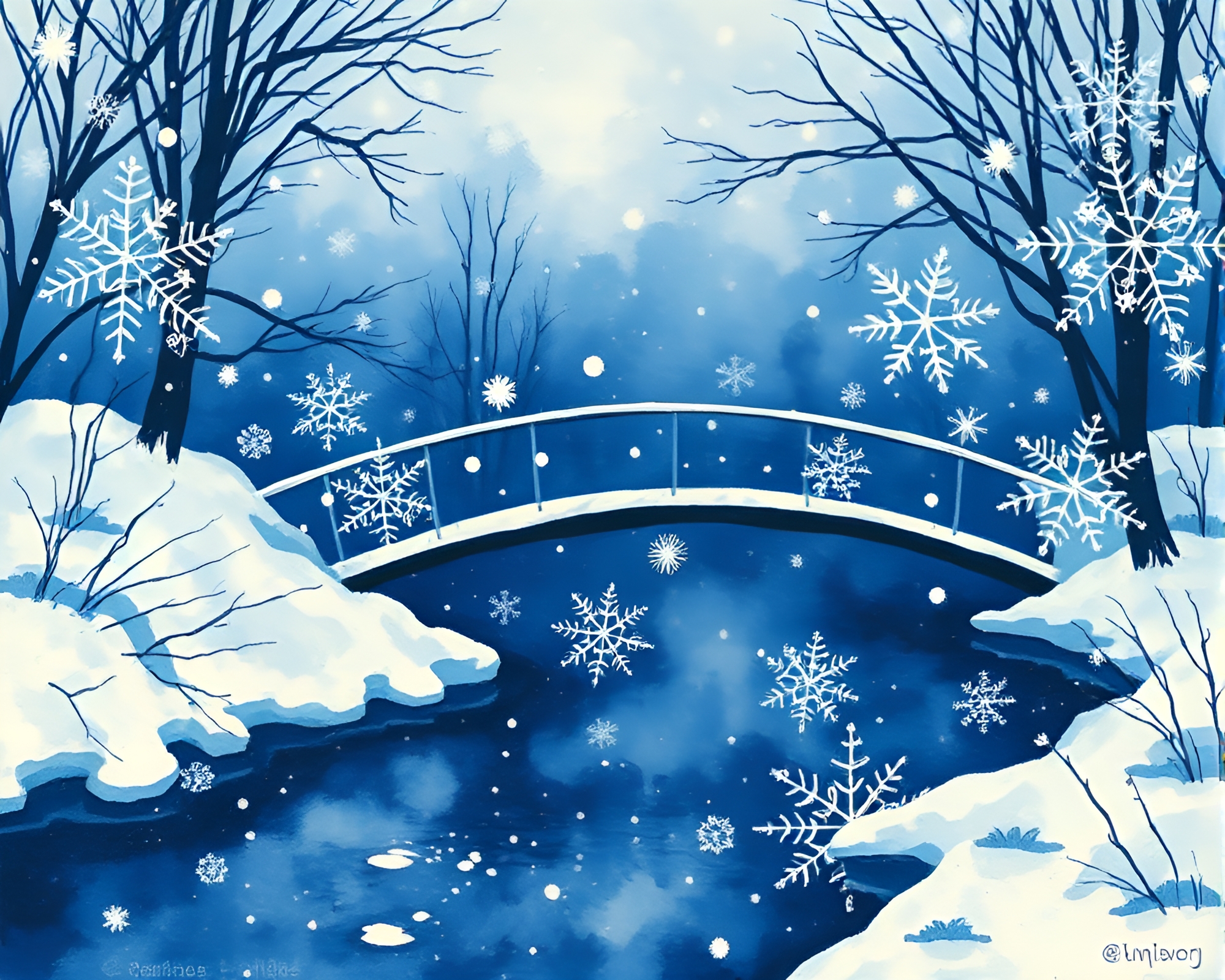 Iridescent Glass Bridge Amidst Snowflake Tempest – free AI stock image
