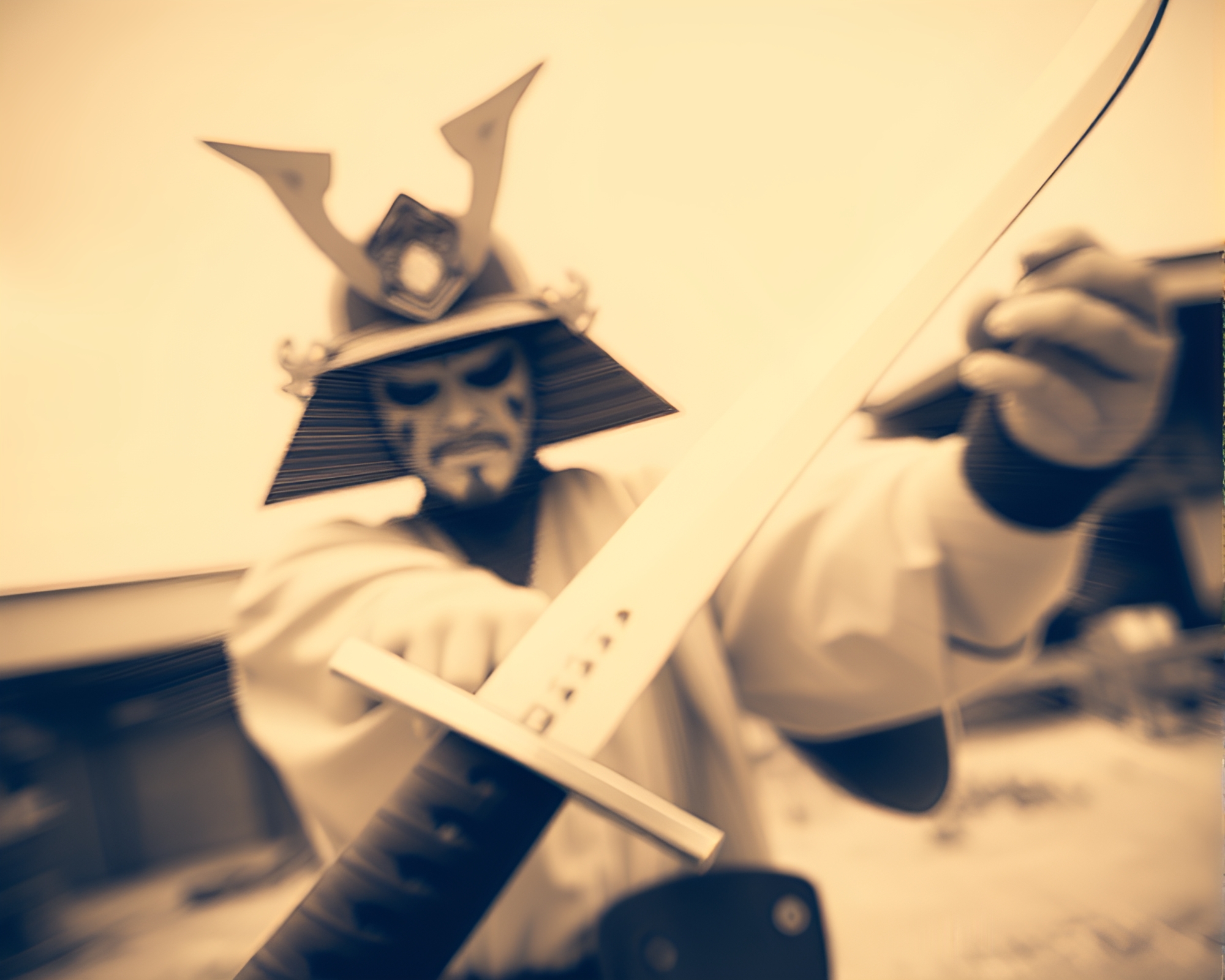 Samurai Warrior in Lens Distorted Ivory White Sepia Scene – free AI stock image