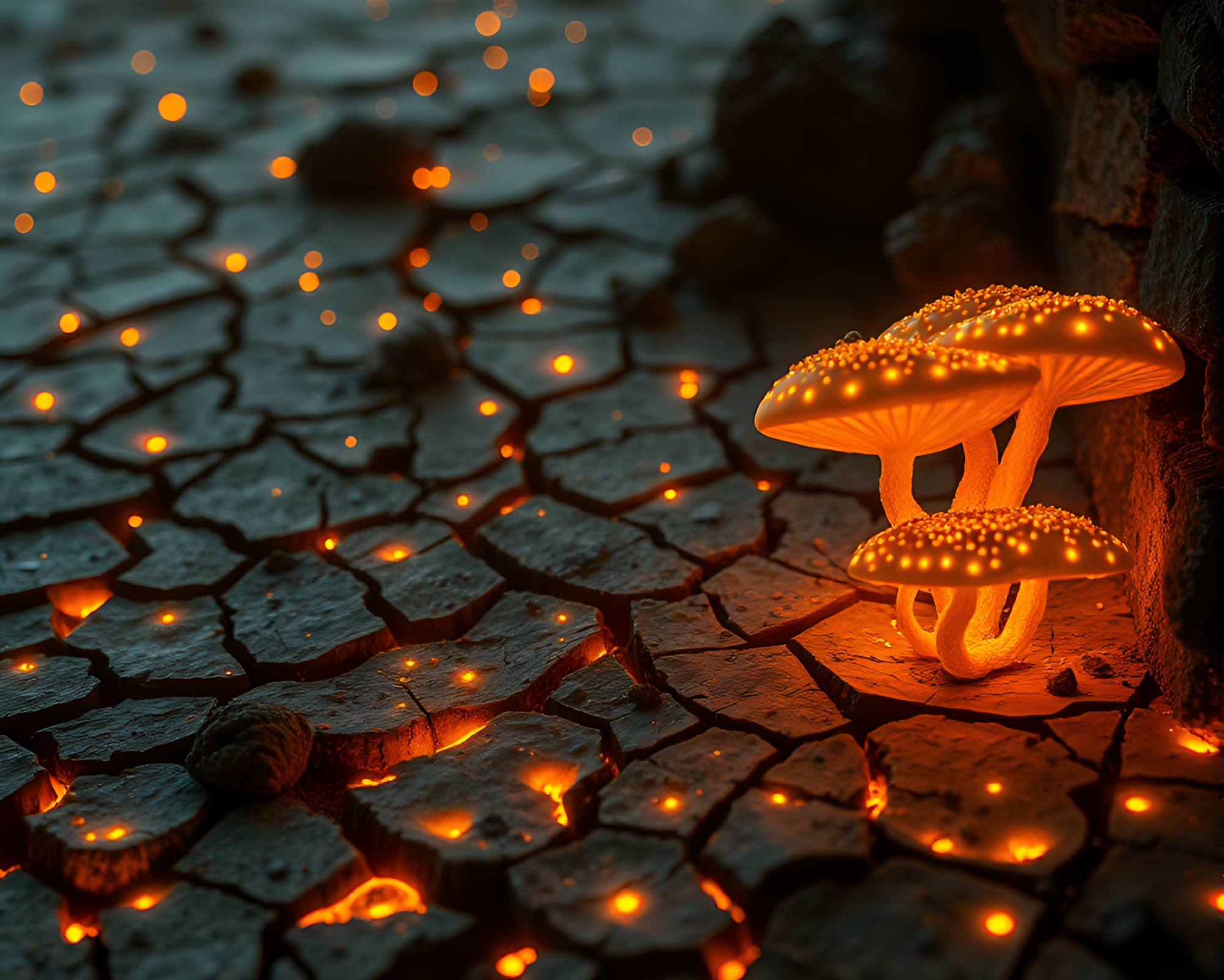 Bioluminescent Fungi on Cracked Earth at Golden Hour – free AI stock image
