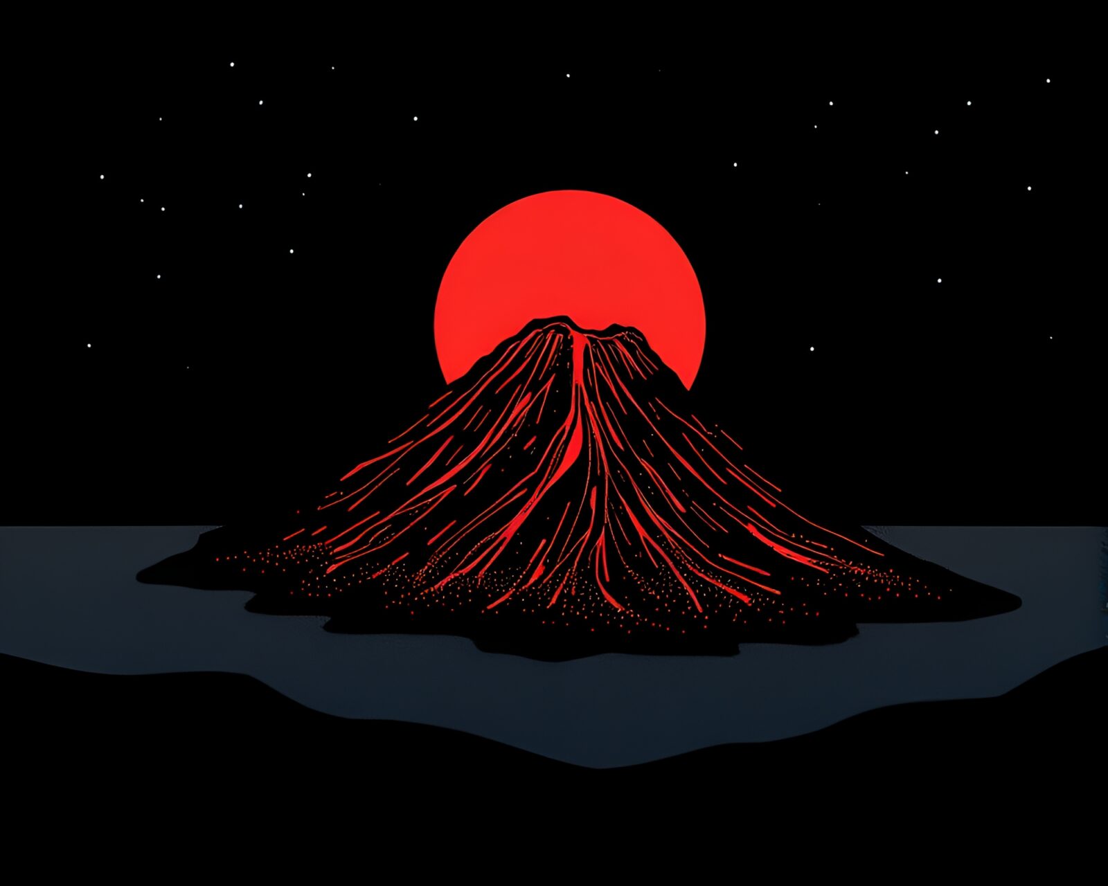 High-contrast abstract volcanic island in screenprint style