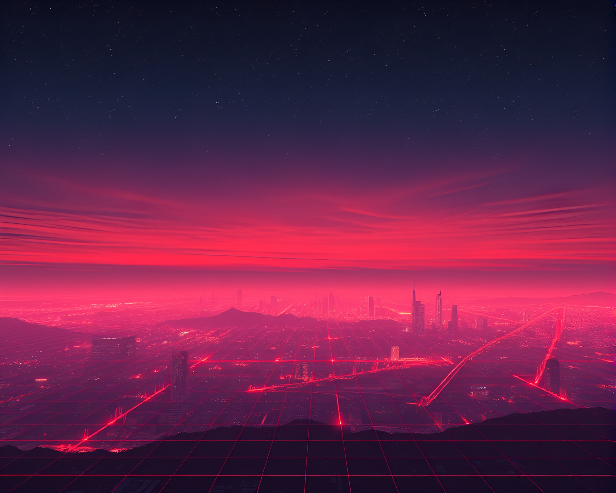 Retro Wave Grid Cityscape at Digital Twilight – free AI stock image