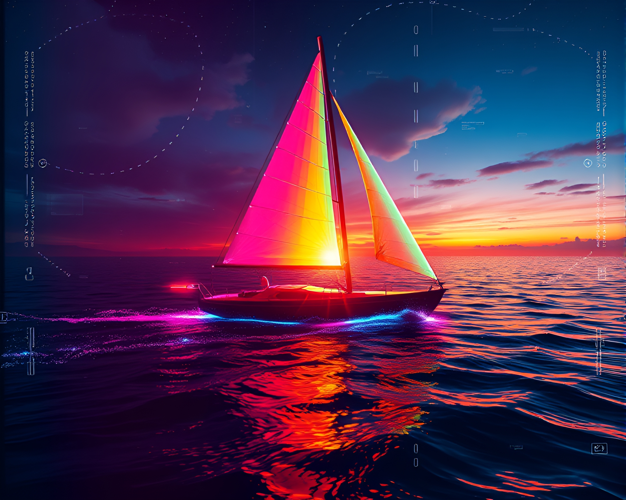 Futuristic Solar Sailboat with Rainbow Spectrum HUD Overlay – free AI stock image