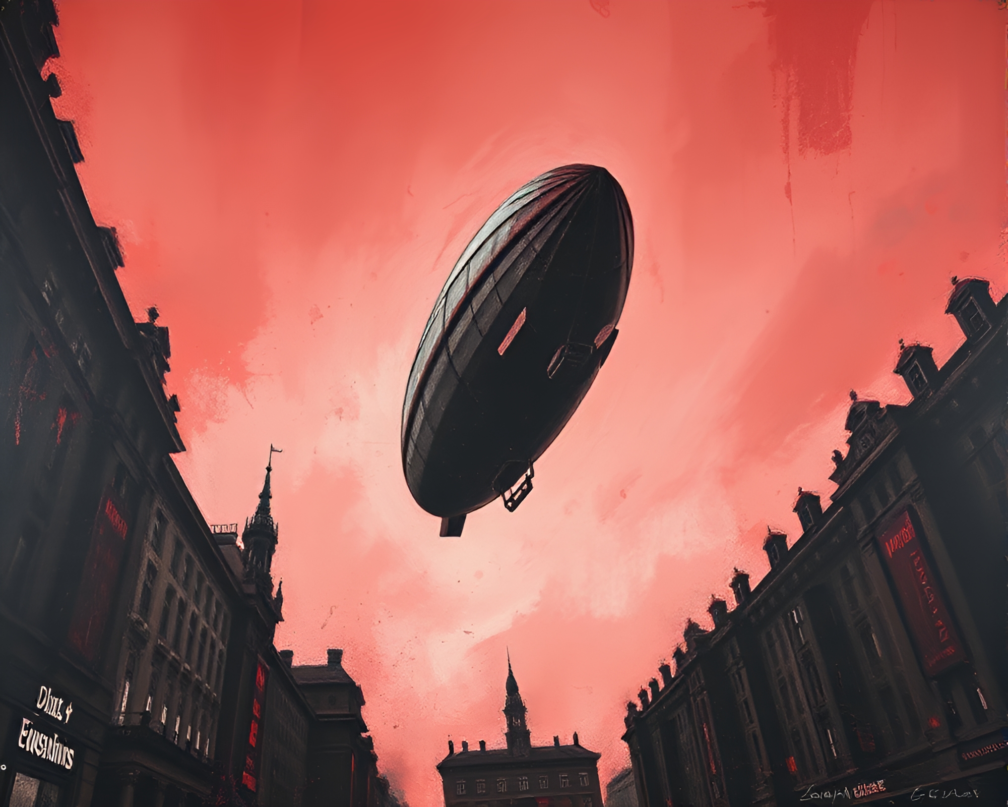 Ethereal Monochrome Red Zeppelin in Palette Knife Art – free AI stock image