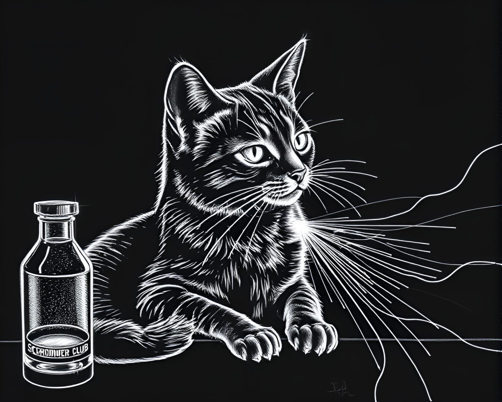 Etching lines frame Schrodinger's cat with club lights