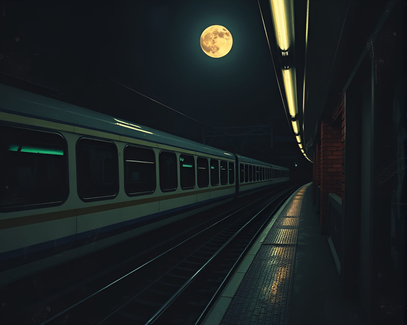 Moonlit night scene with monorail on a grungy chalkboard backdrop
