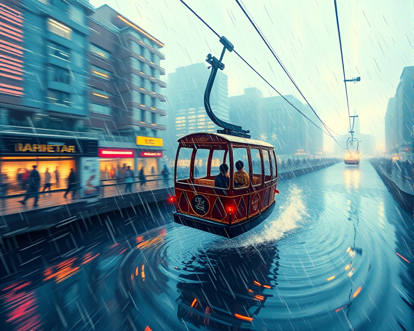 Fantastical scene of a swirling vortex with gondola lift