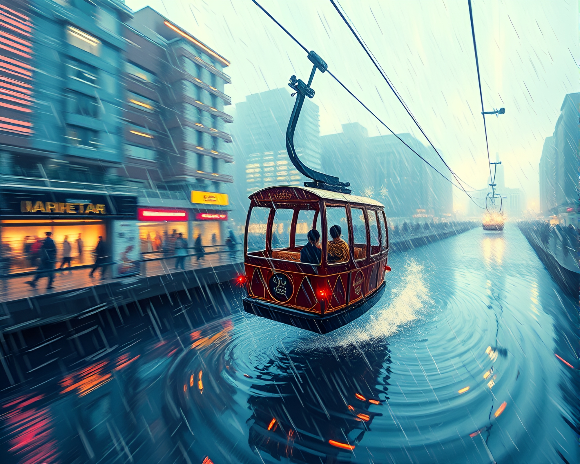 Swirling Vortex Gondola Lift Rainy Reflections Cel Shading – free AI stock image