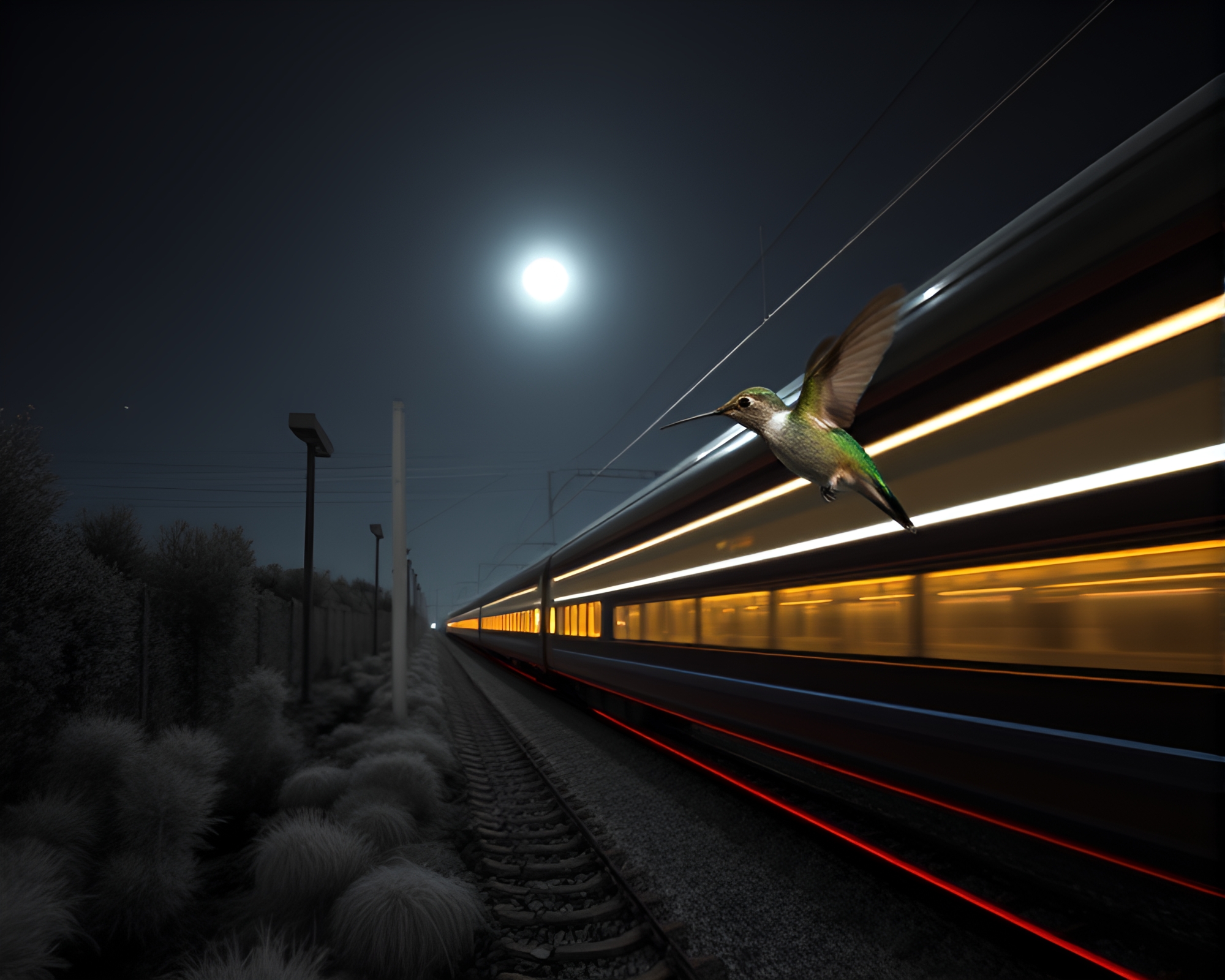 Moonlit Train Tracks with Hummingbird in Infrared Light – free AI stock image