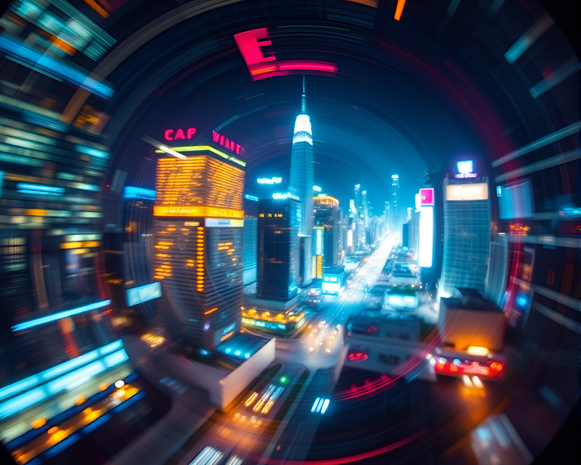 Futuristic Cityscape with Pixelated Lights and Lens Distorted Swirls – free AI stock image