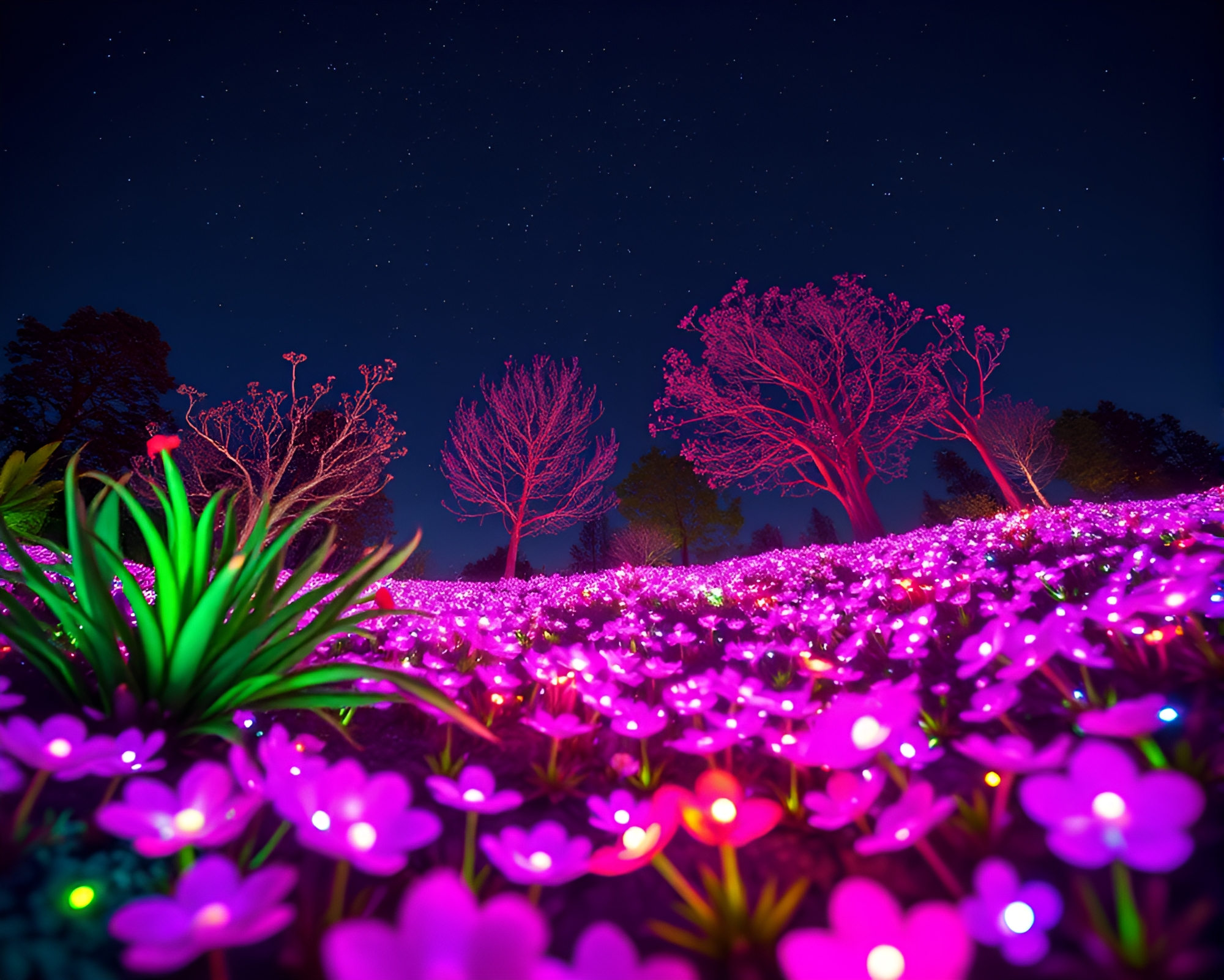 Bioluminescent Sky Garden: Ethereal Glow from a Calligraphic Worm’s Eye View – free AI stock image
