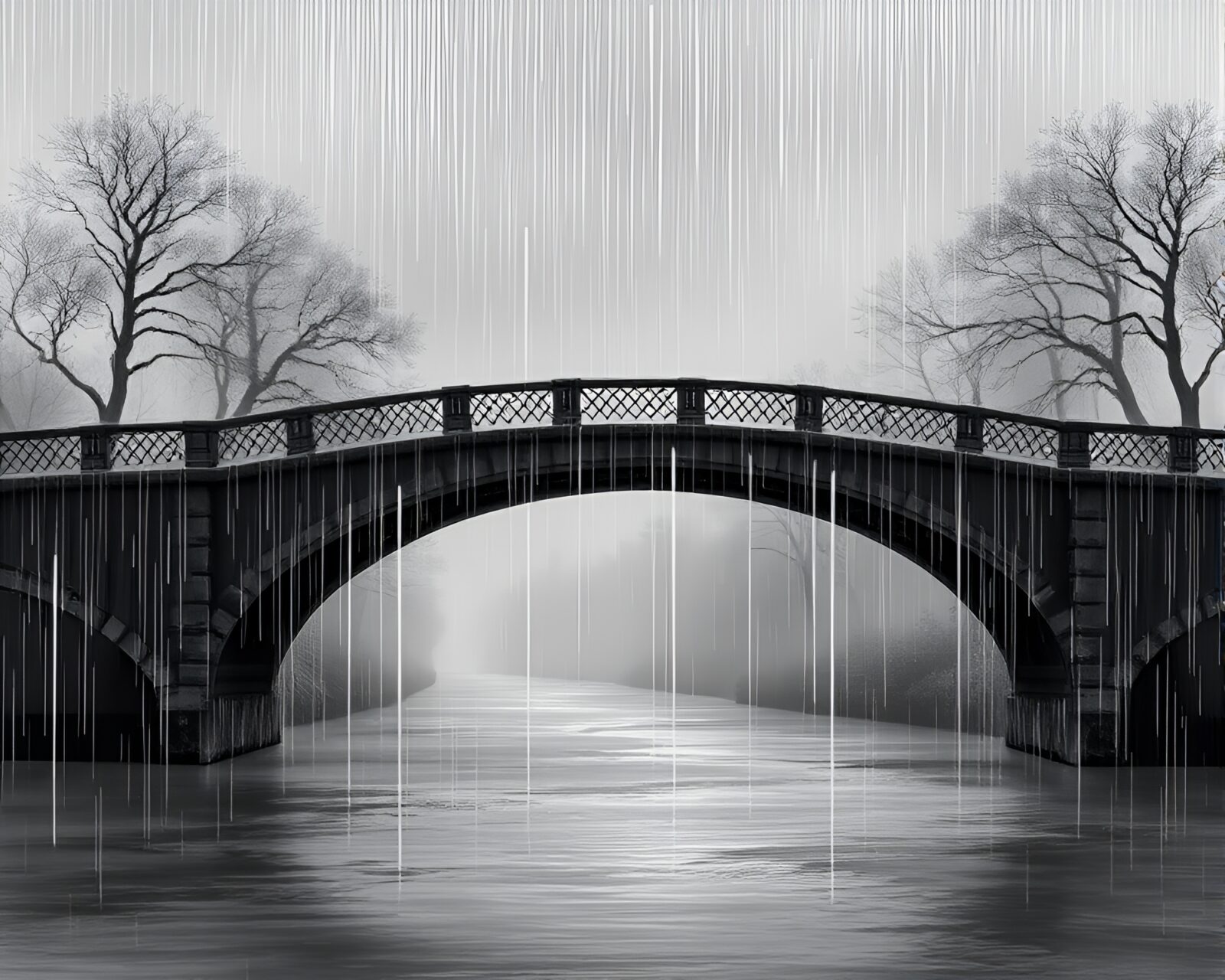 Fantasy art of arch bridge with rain droplets