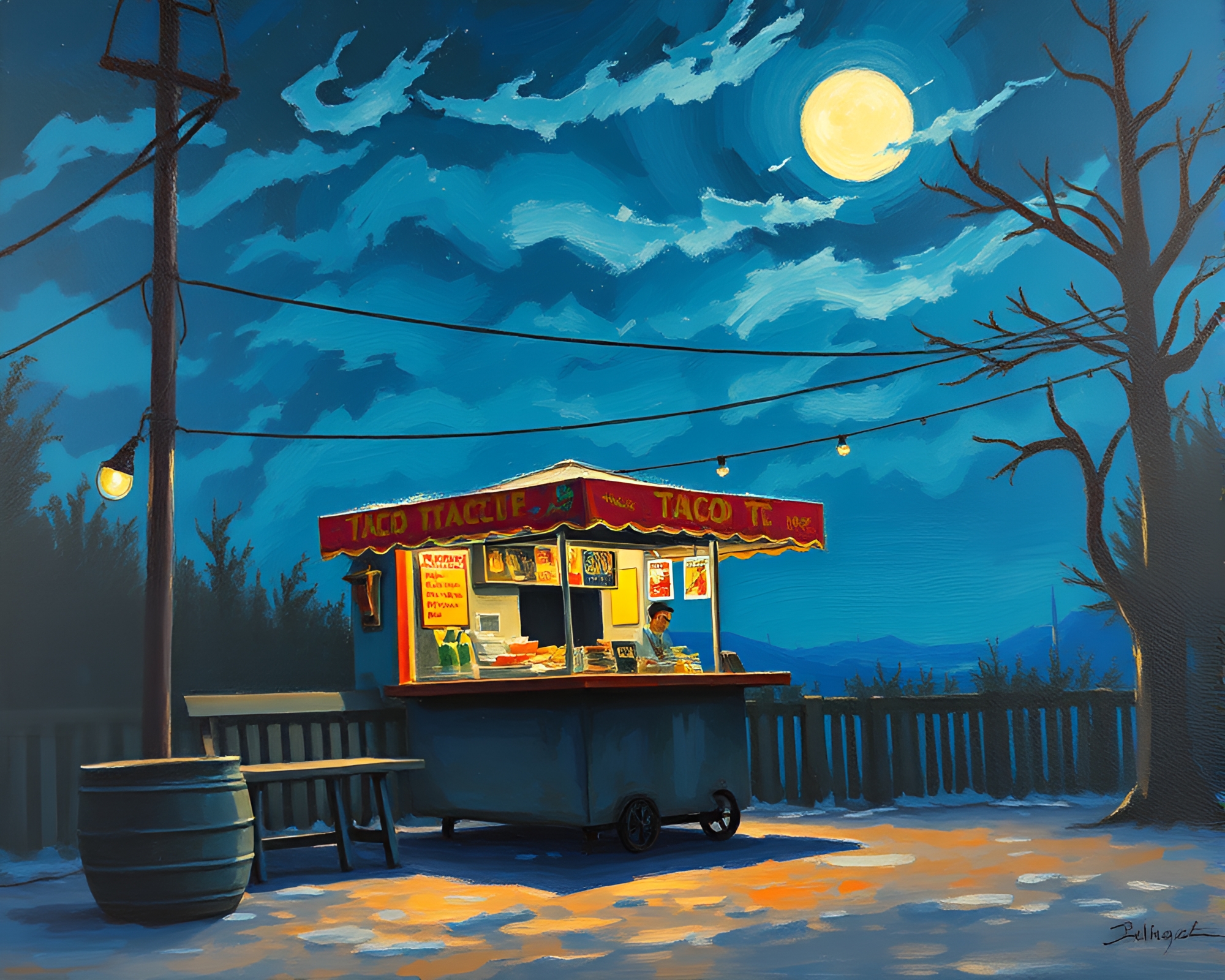 Impressionist Moonlit Taco Stand in Tilted View – free AI stock image