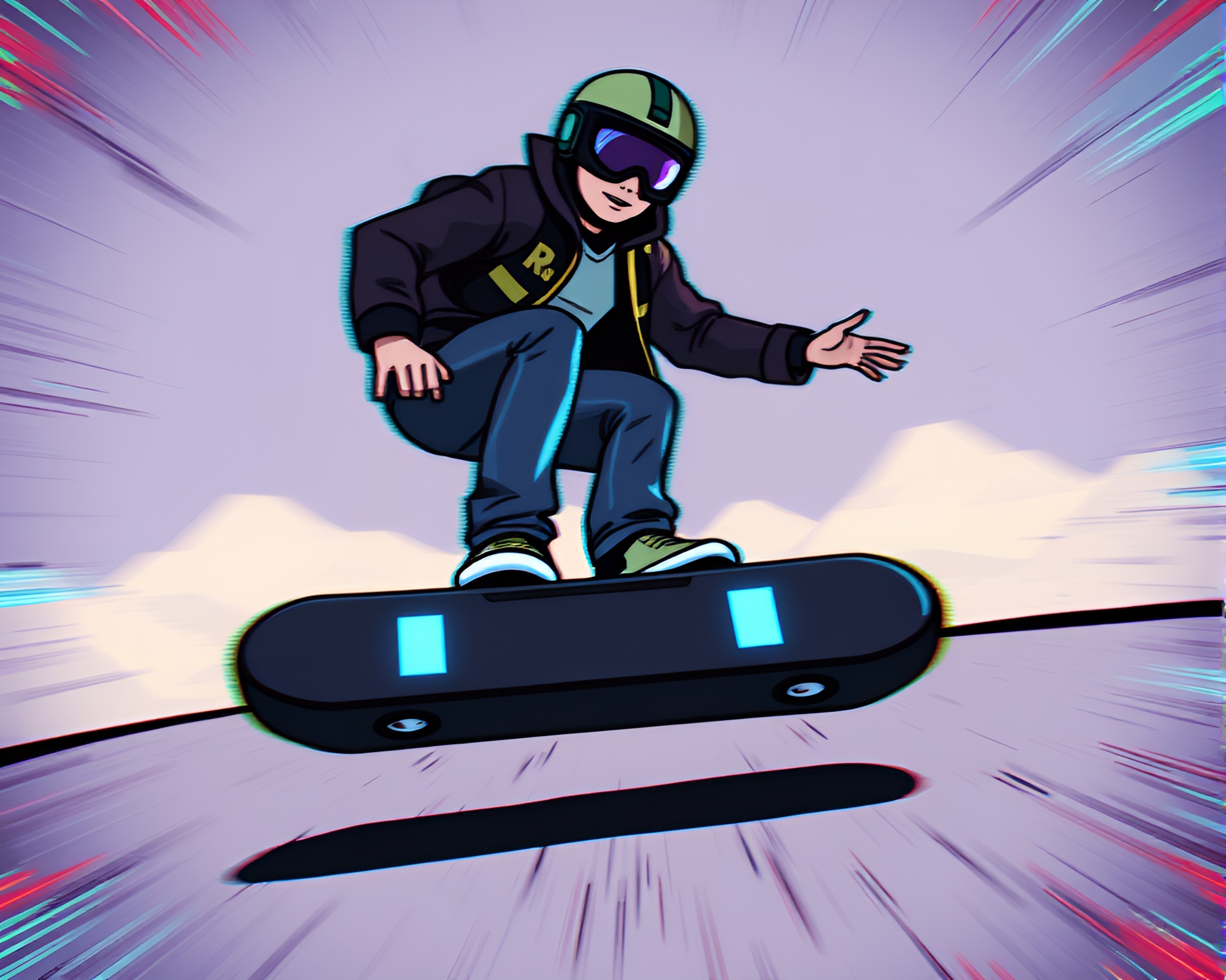 Cartoon Hoverboard Chase with VHS Flair – free AI stock image