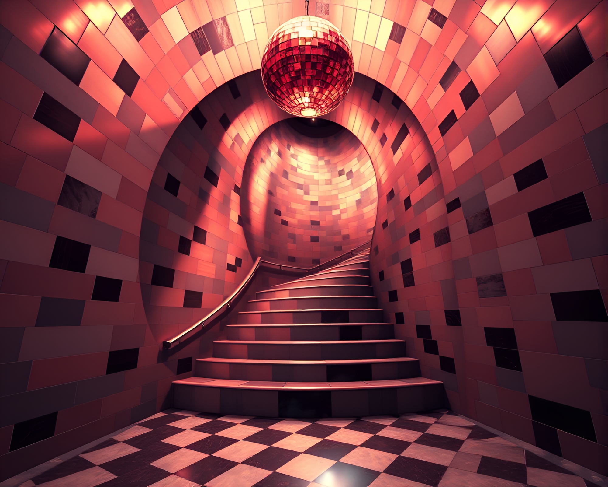 Whimsical Escher Staircase with Disco Ball Glow – free AI stock image