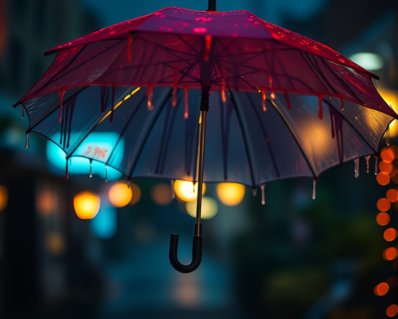 Colorful neon umbrella against blurred background with dripped paint effect