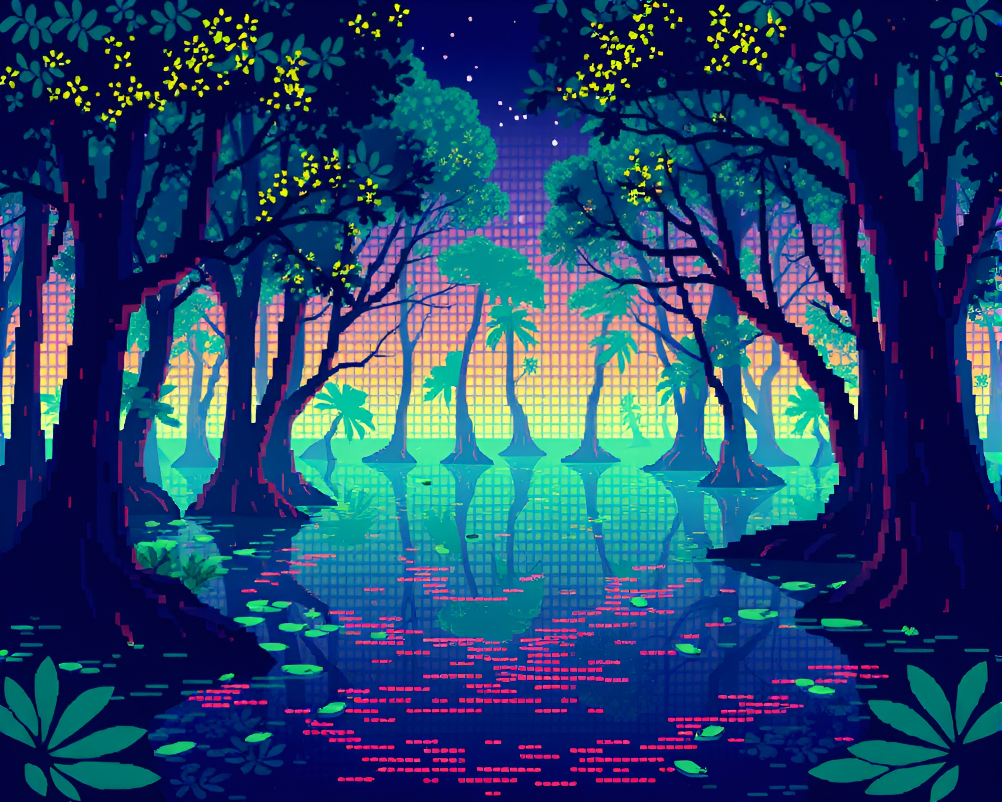 Retro LED Mangrove Swamp Pixel Art Delight – free AI stock image