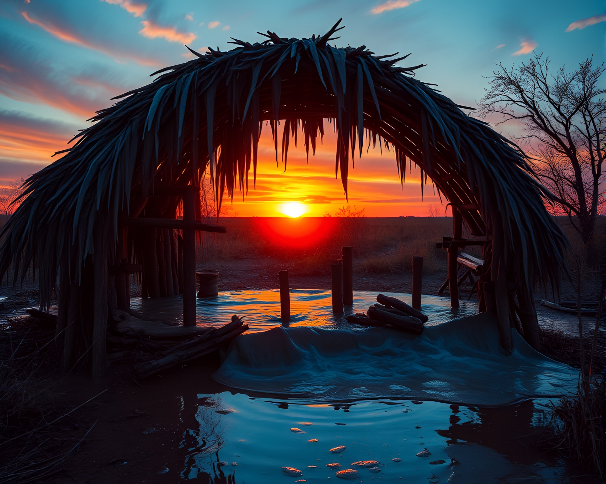 Retro Futurism Sunset Dye Mud Hut Water Distortion Scene – free AI stock image