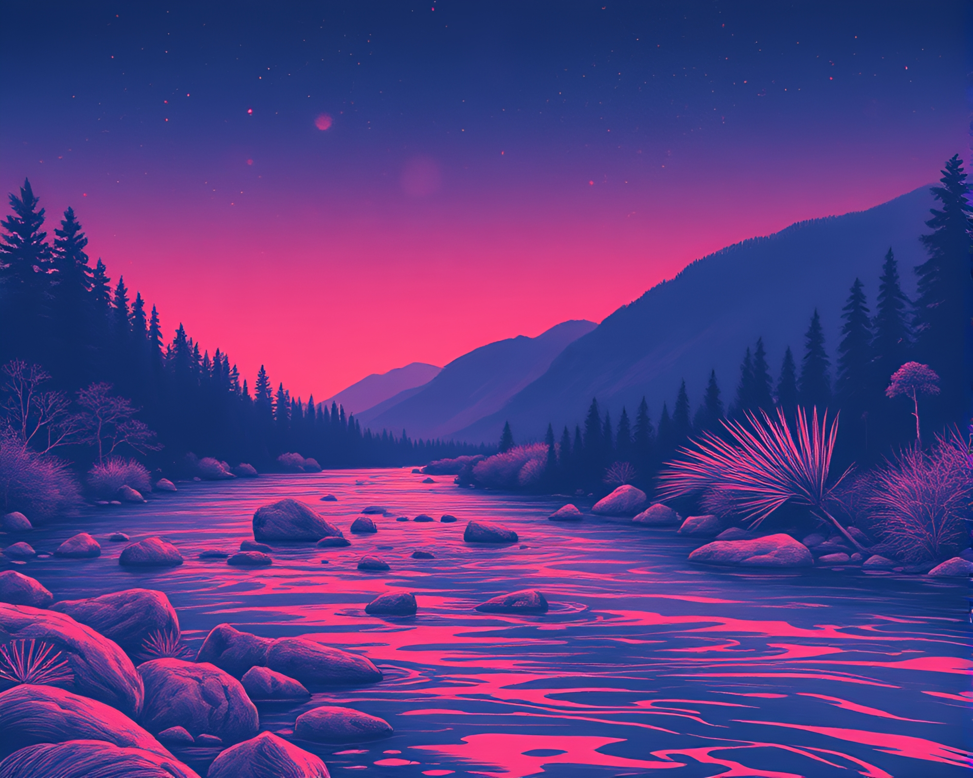 Sapphire Savage River etched in Retrowave hues – free AI stock image