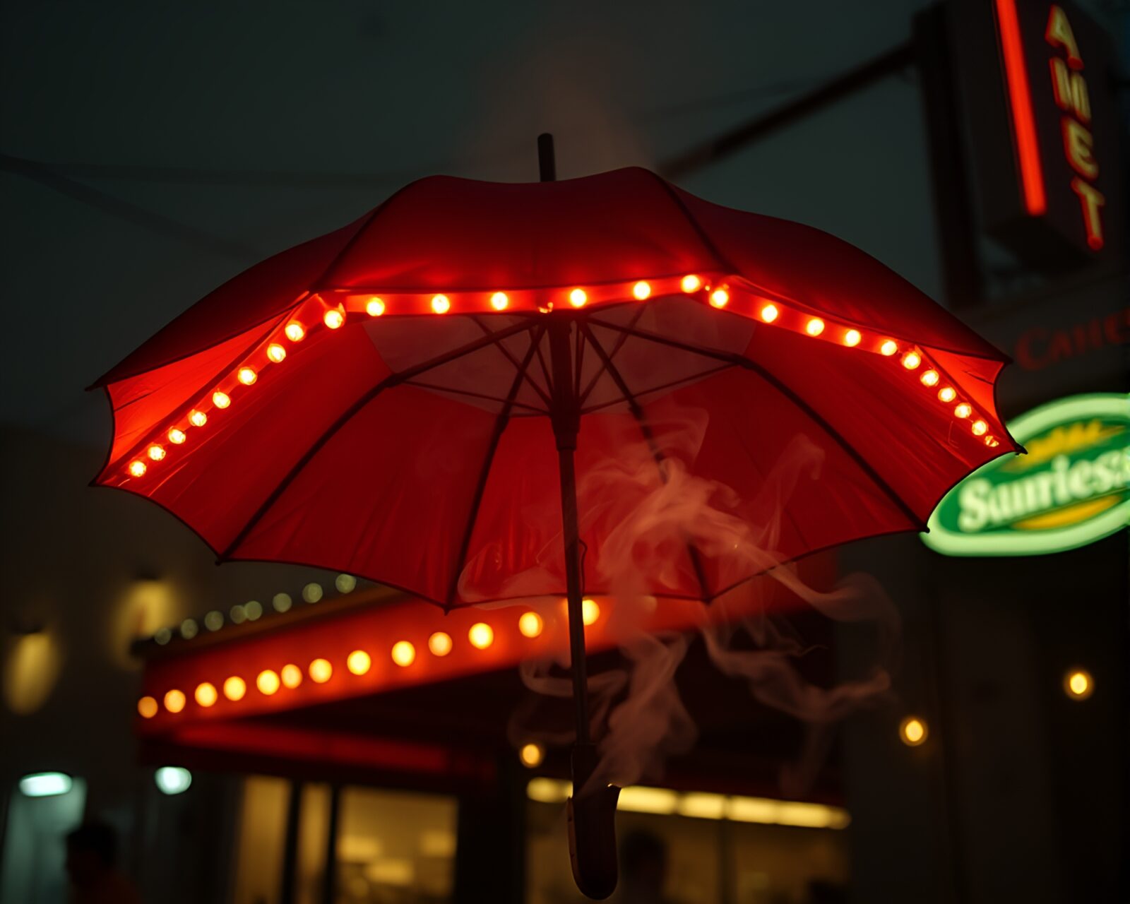 Smoke rings forming around umbrella with retro scanline effect