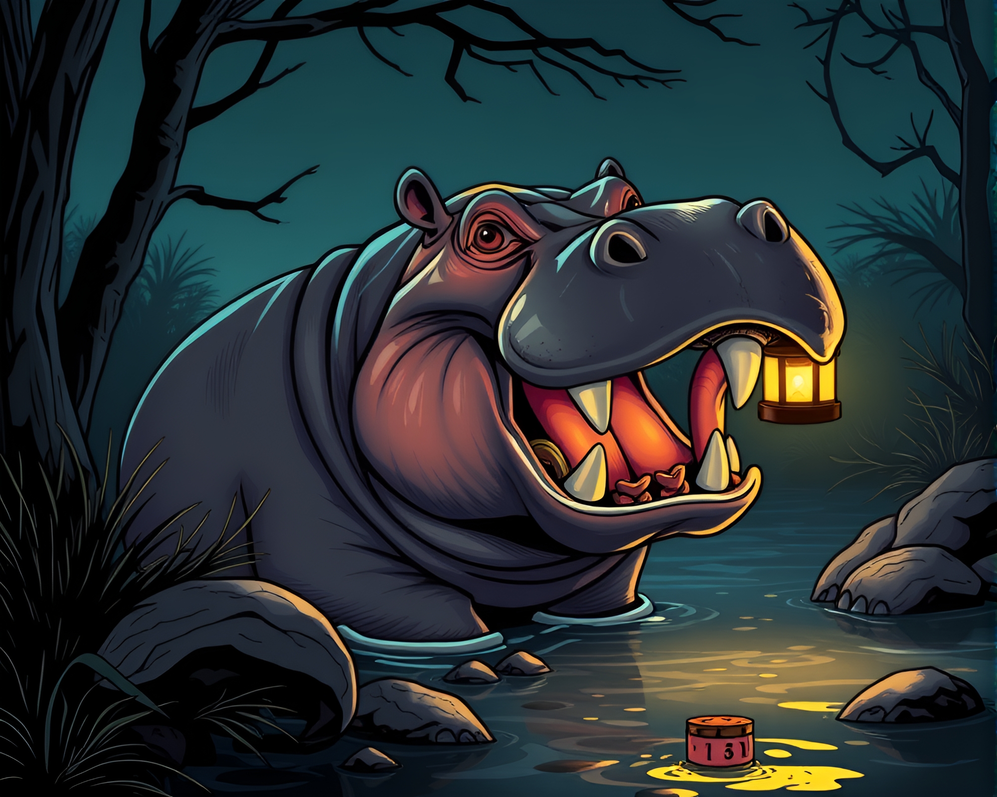 Comic book style hippopotamus in lantern light – free AI stock image